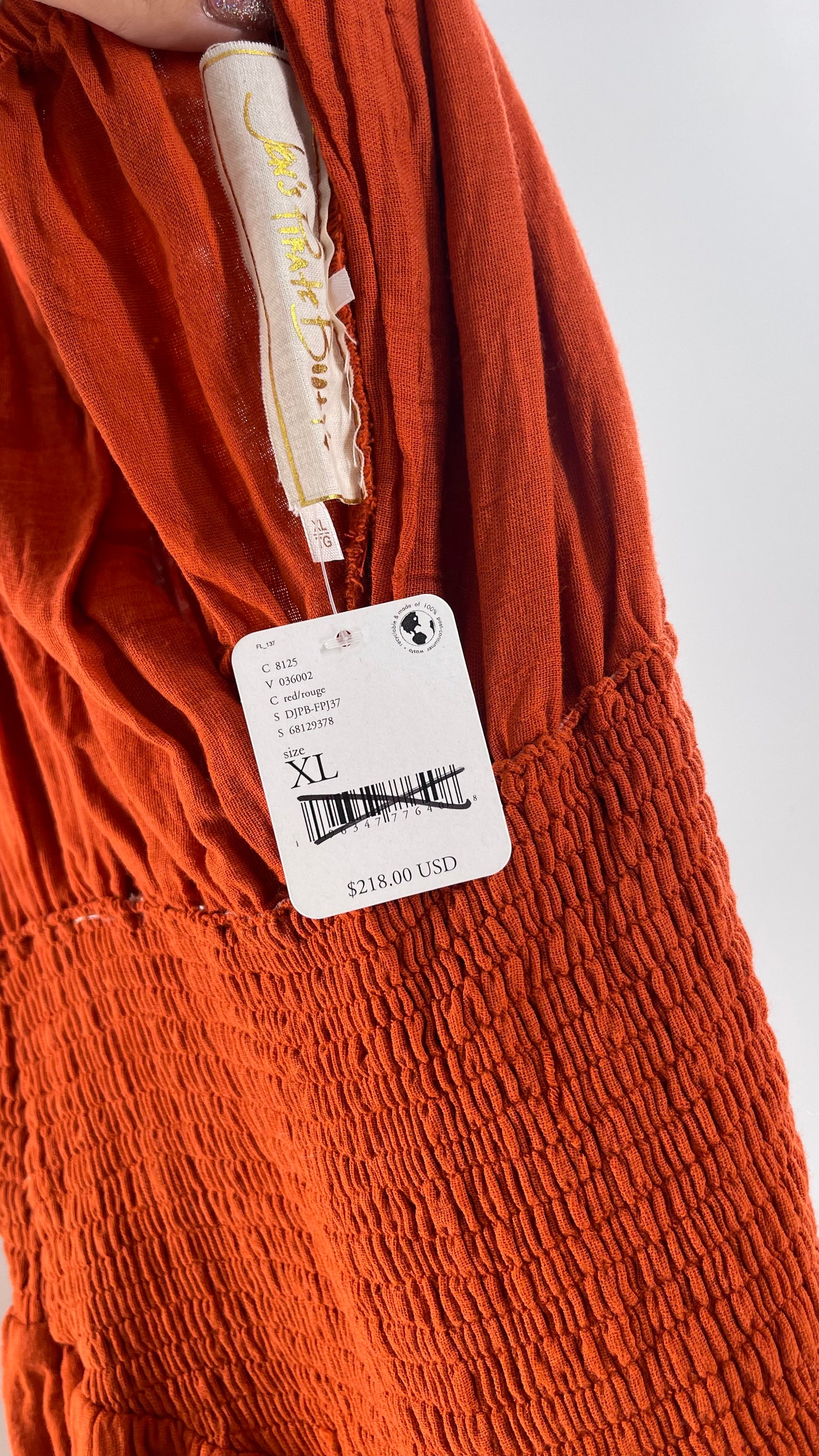 Free People Burnt Orange Smocked Pointed Waistline, Open Bust Jen’s Pirate Booty Romper Tags Attached 100% Cotton(XL)