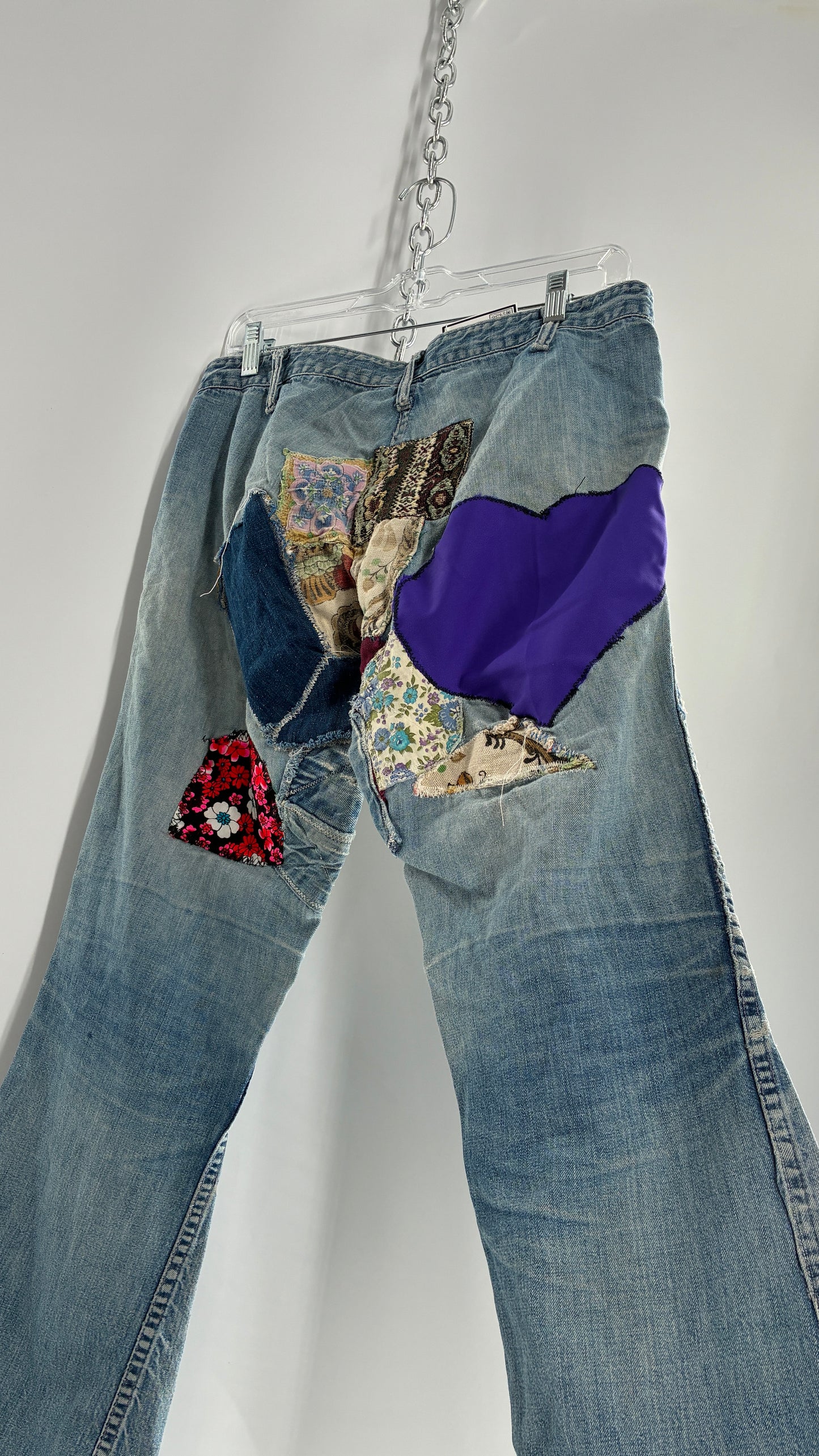 Vintage Rare 1970s Light Wash, Low Rise Boot Cut Jeans with Hand Stitched Tapestry Style Patches and Purple Heart on Bum (Measurements Below)