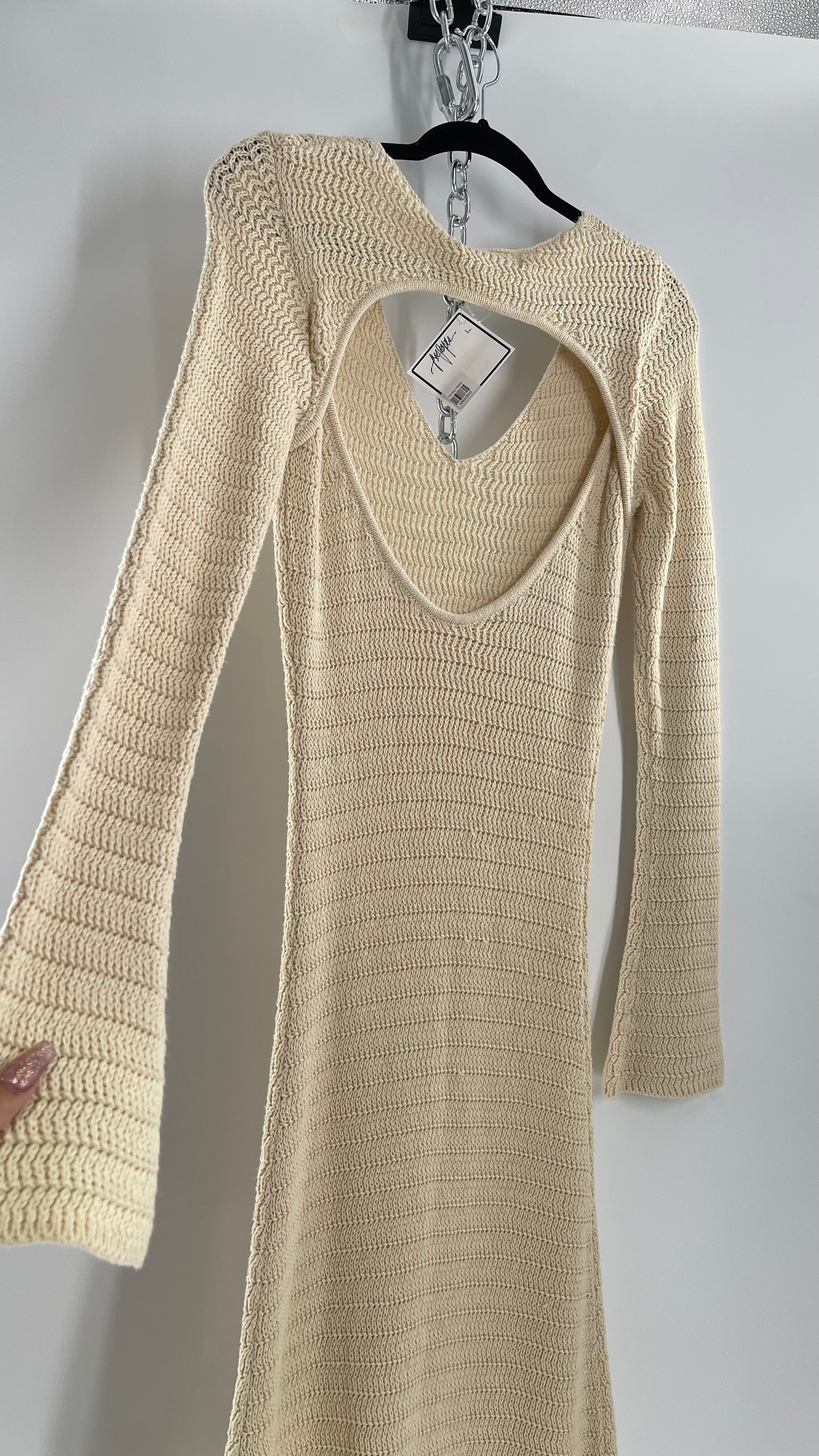 Free People Cozy Cream Knit Open Back Maxi Dress with Slight Bell Sleeve (Large)