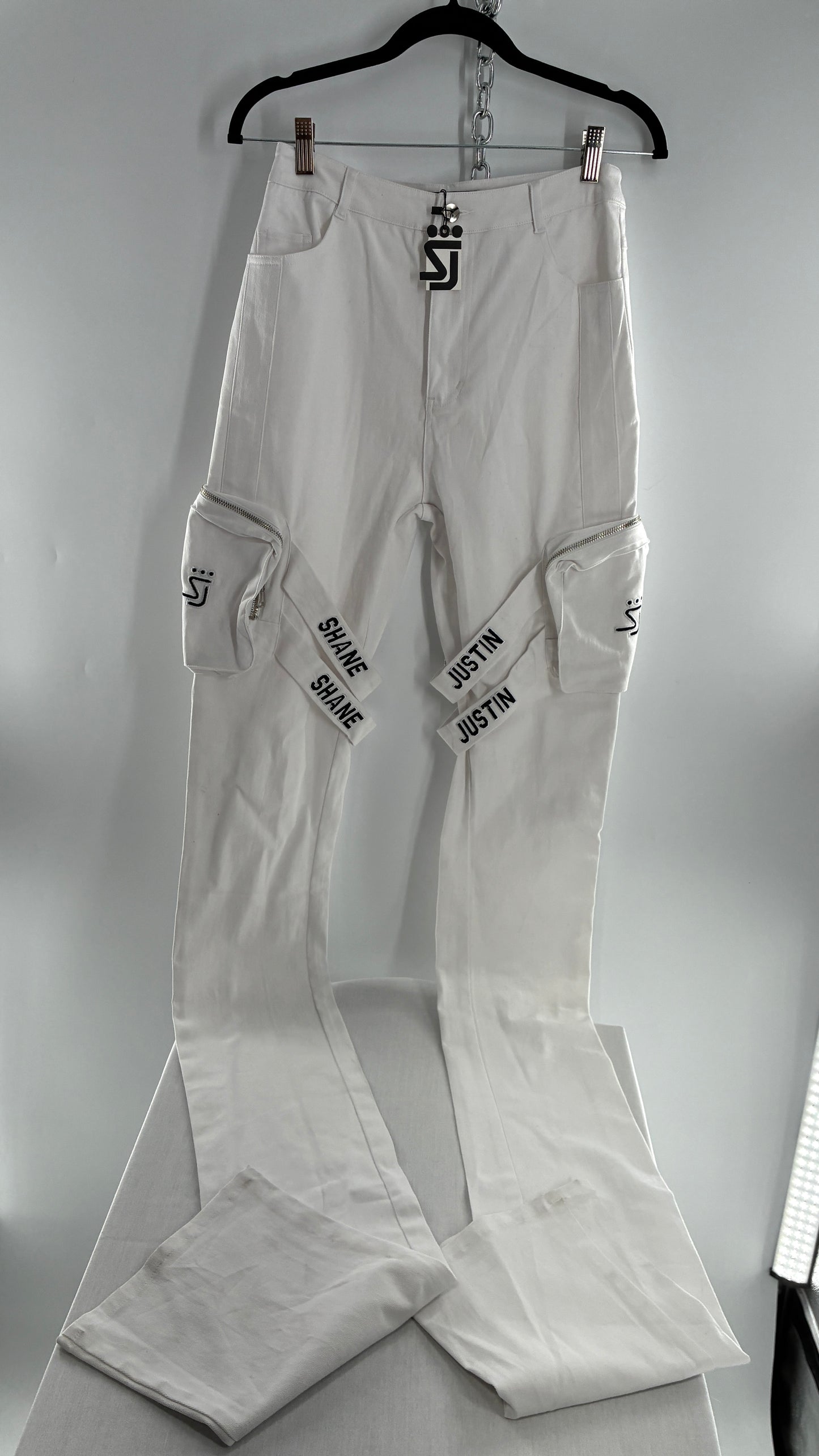 Designer SHANE JUSTIN White Stacked Extendo Cargo Pants with Embroidered Logo Pants and Tags Attached (Small)