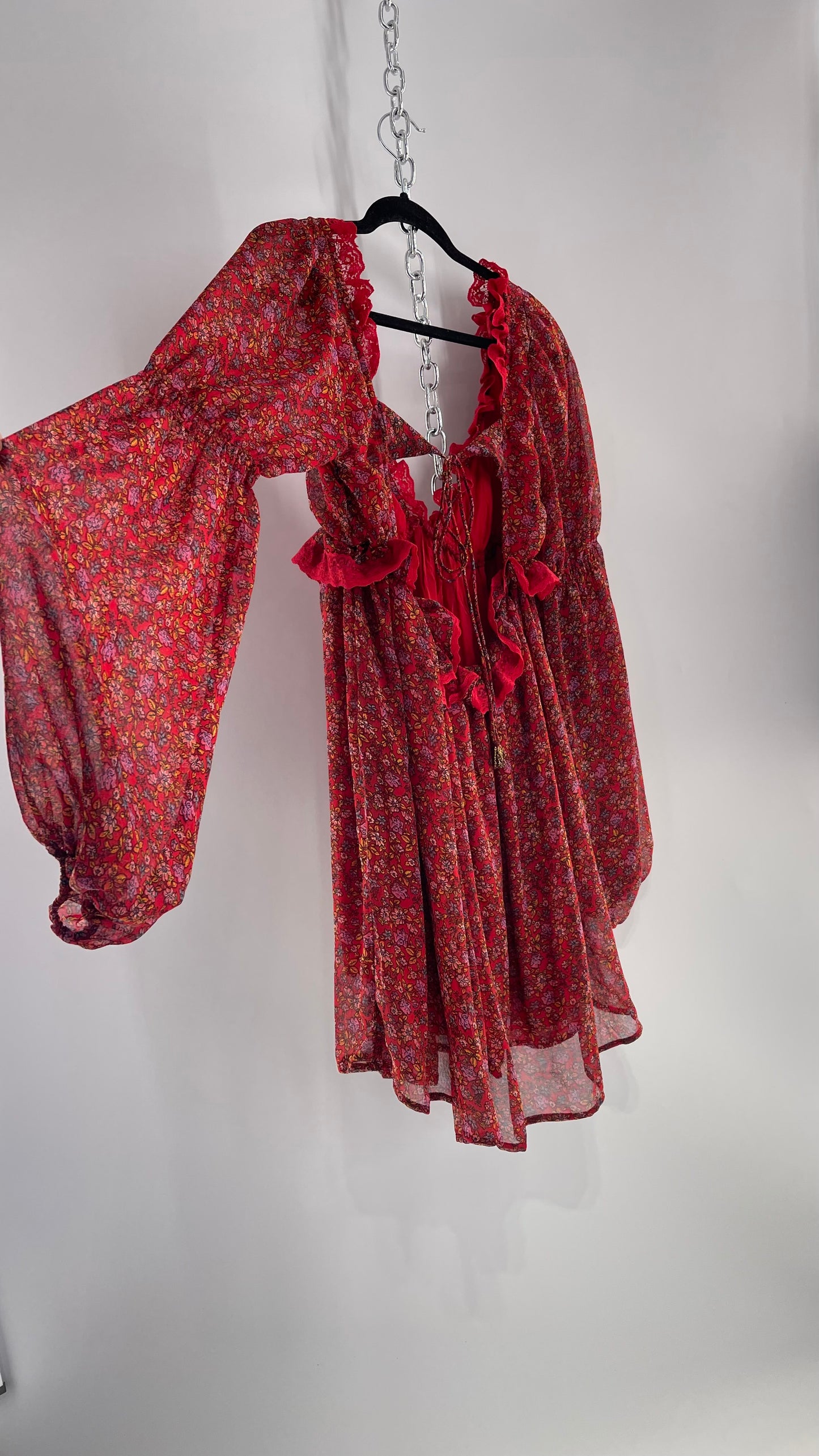 Free People Red Floral Mini Dress with Lace Trim, Open Back and Balloon Sleeves (Small)