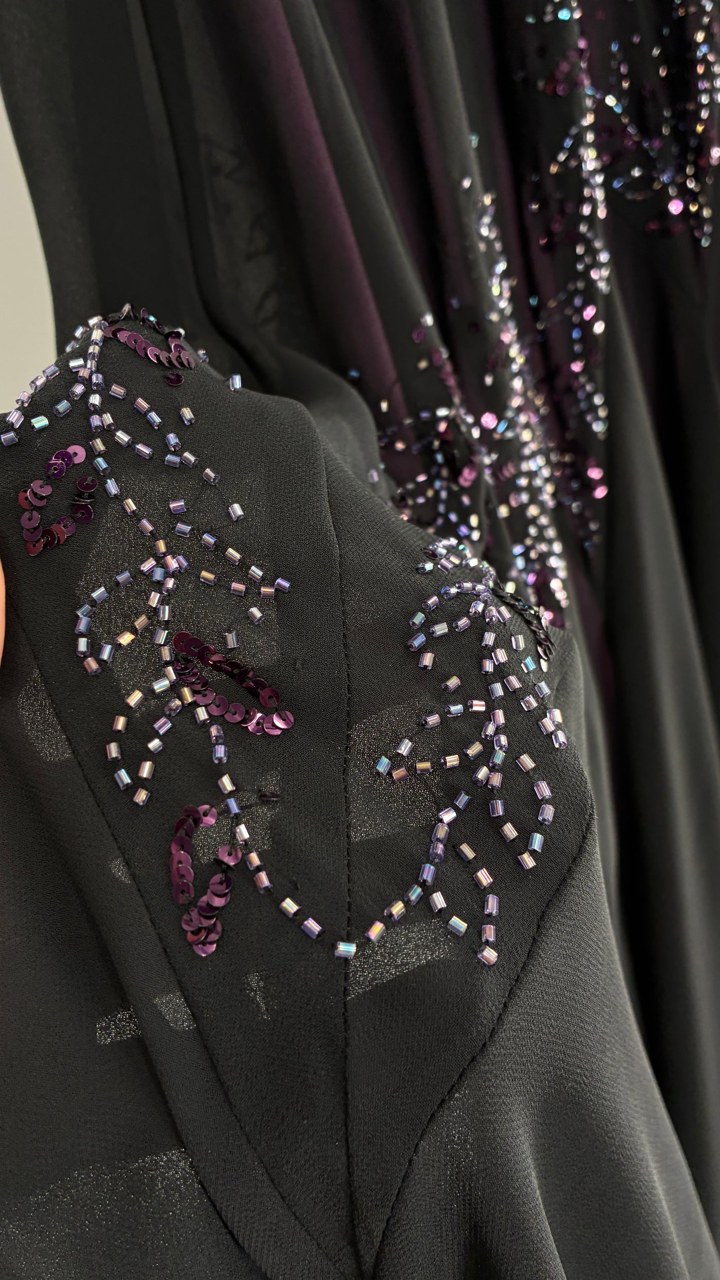 Vintage XSCAPE Full Length Black Beaded Gown with Purple Underlay (4)