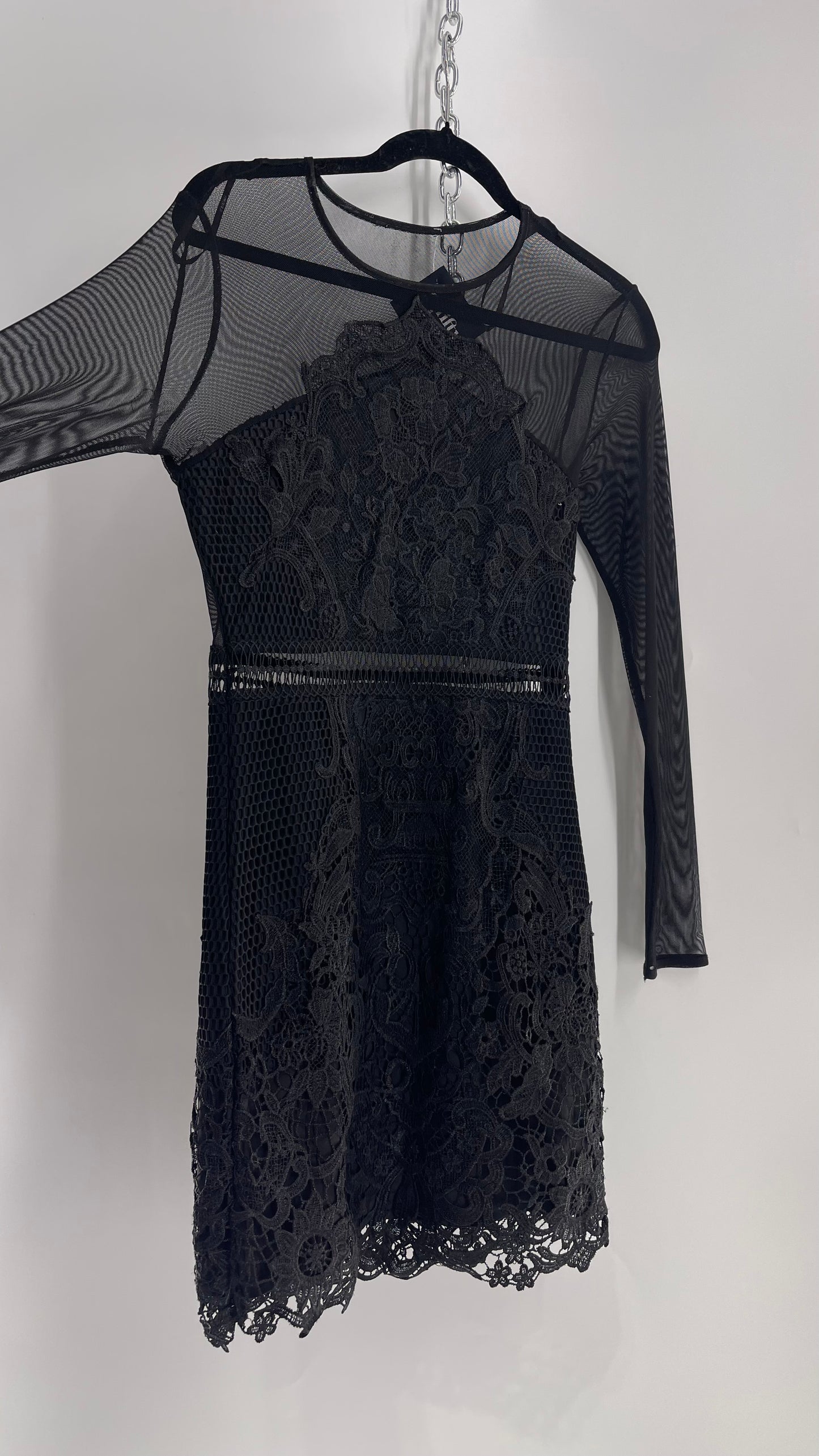 Mesh + Thick Lace Appliqué Mini Dress with Sheer Open Back (Small)