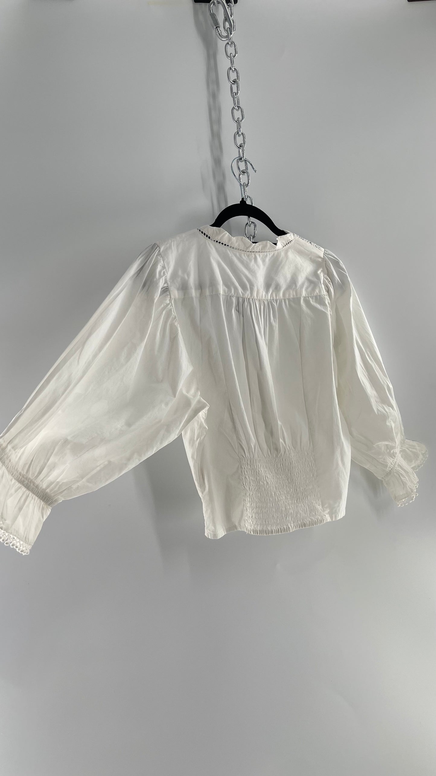 Free People White Puff Sleeve Prairie Blouse with Lace Details (Small)