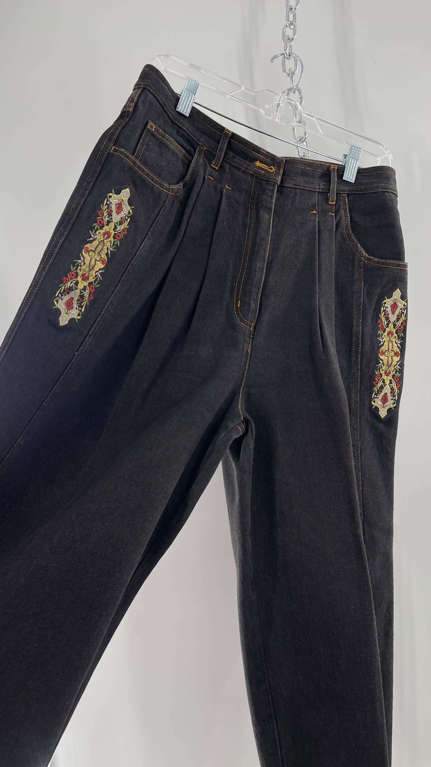 Vintage TOGETHER Basics Dark Gray 80s/90s Tapered, Pleated Waist Old School Embroidered Jeans (14)