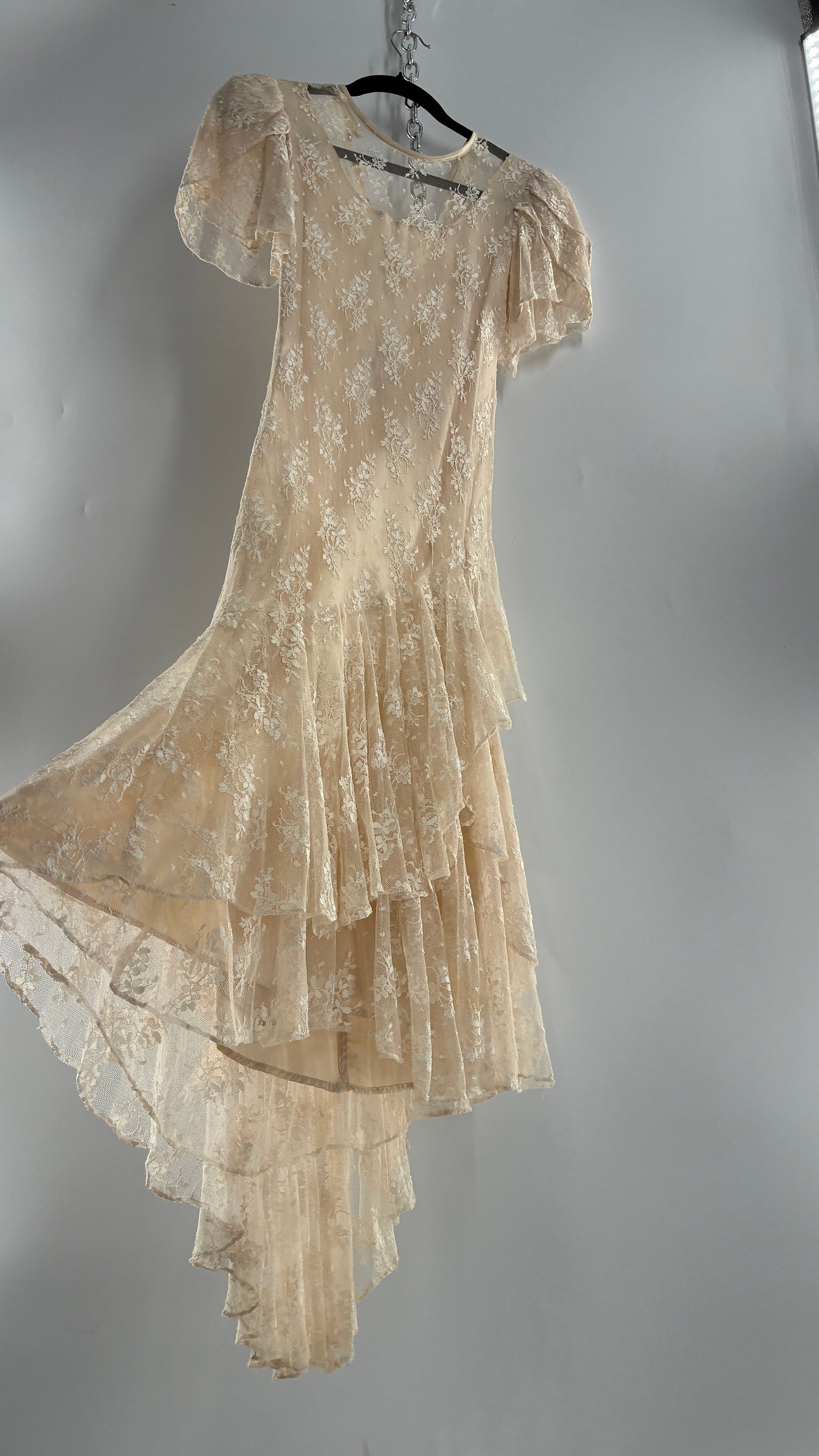Vintage Ivory Lace Gown with Petal Sleeves, Tiered Hemline (5/6)