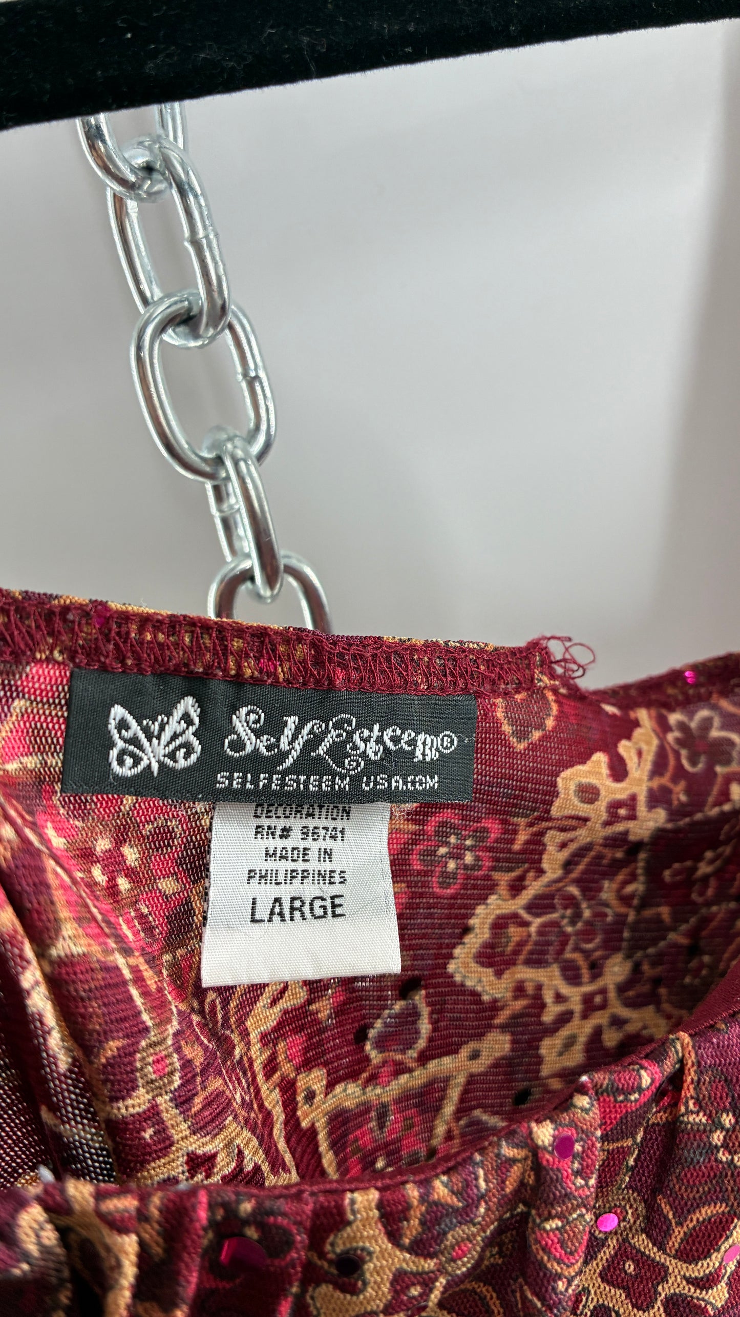 Vintage SELF ESTEEM Maroon Camisole with Sequins, Ruched Bust, and Velvet Ribbon Detail (Large)