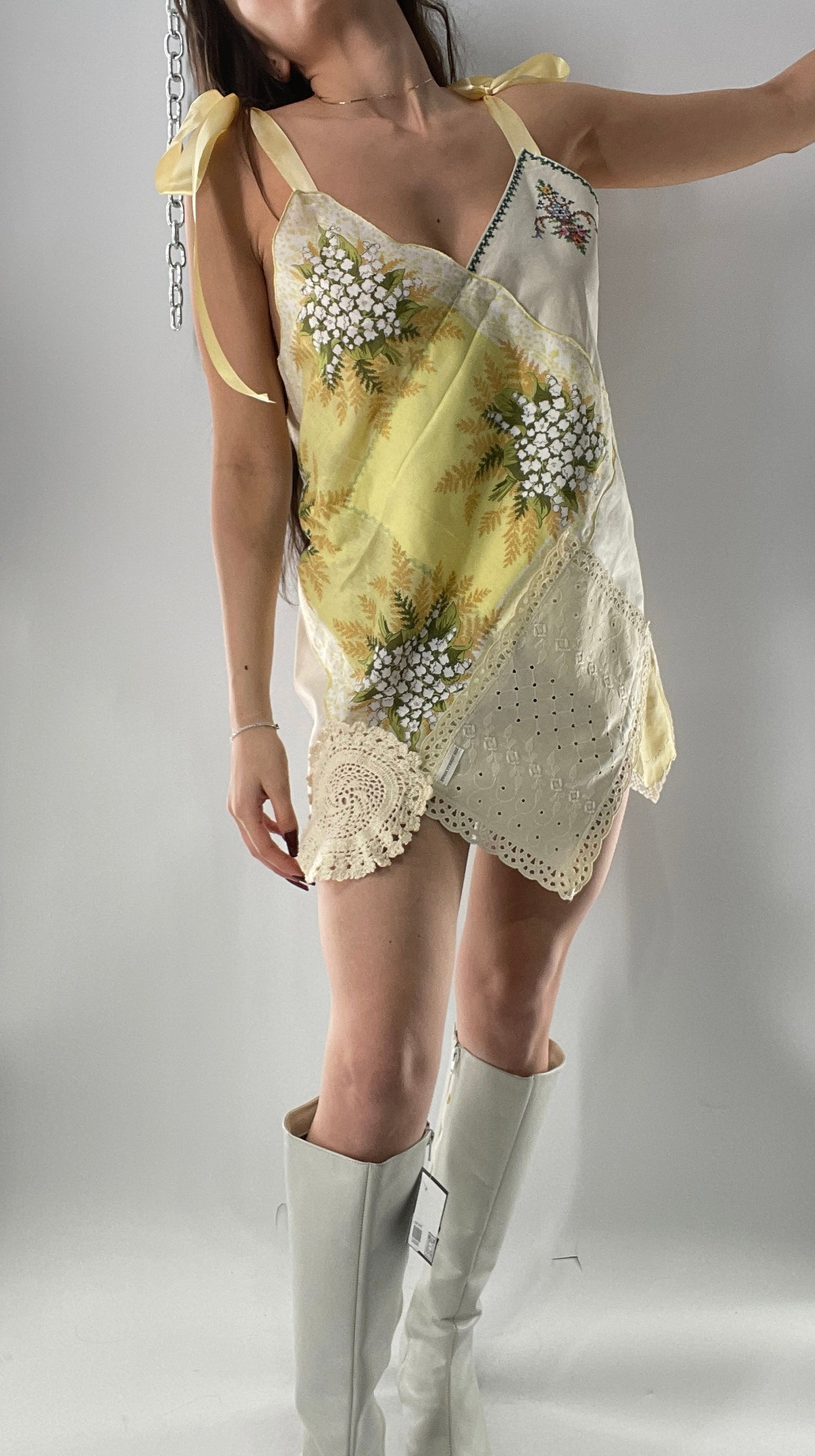 Vintage Handmade Handkerchief Mini Dress with Adjustable Ribbon Straps (XS-L)