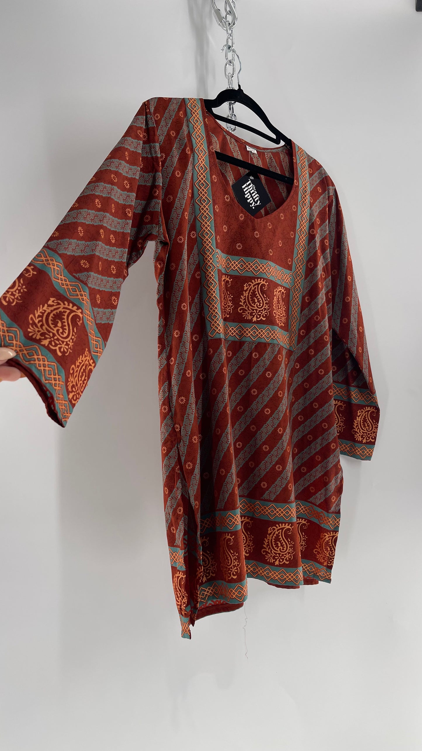Vintage 1970s Indian 100% Silk Tunic Burnt Orange, Teal and Gold (40)
