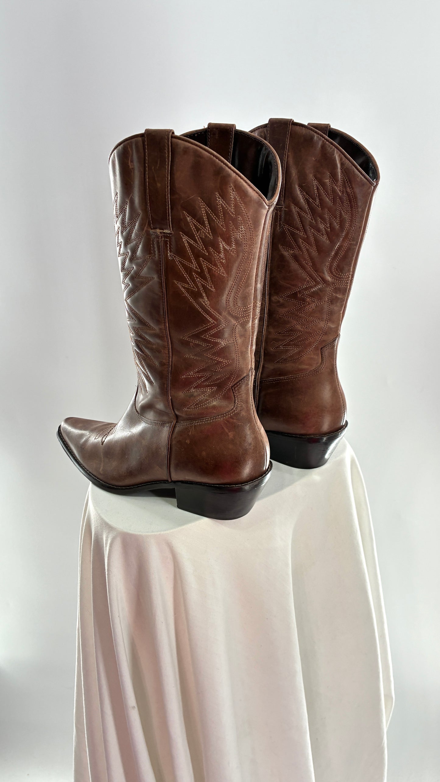 Vintage Genuine Leather Brown Cowboy Boots Made in Brazil (9.5)
