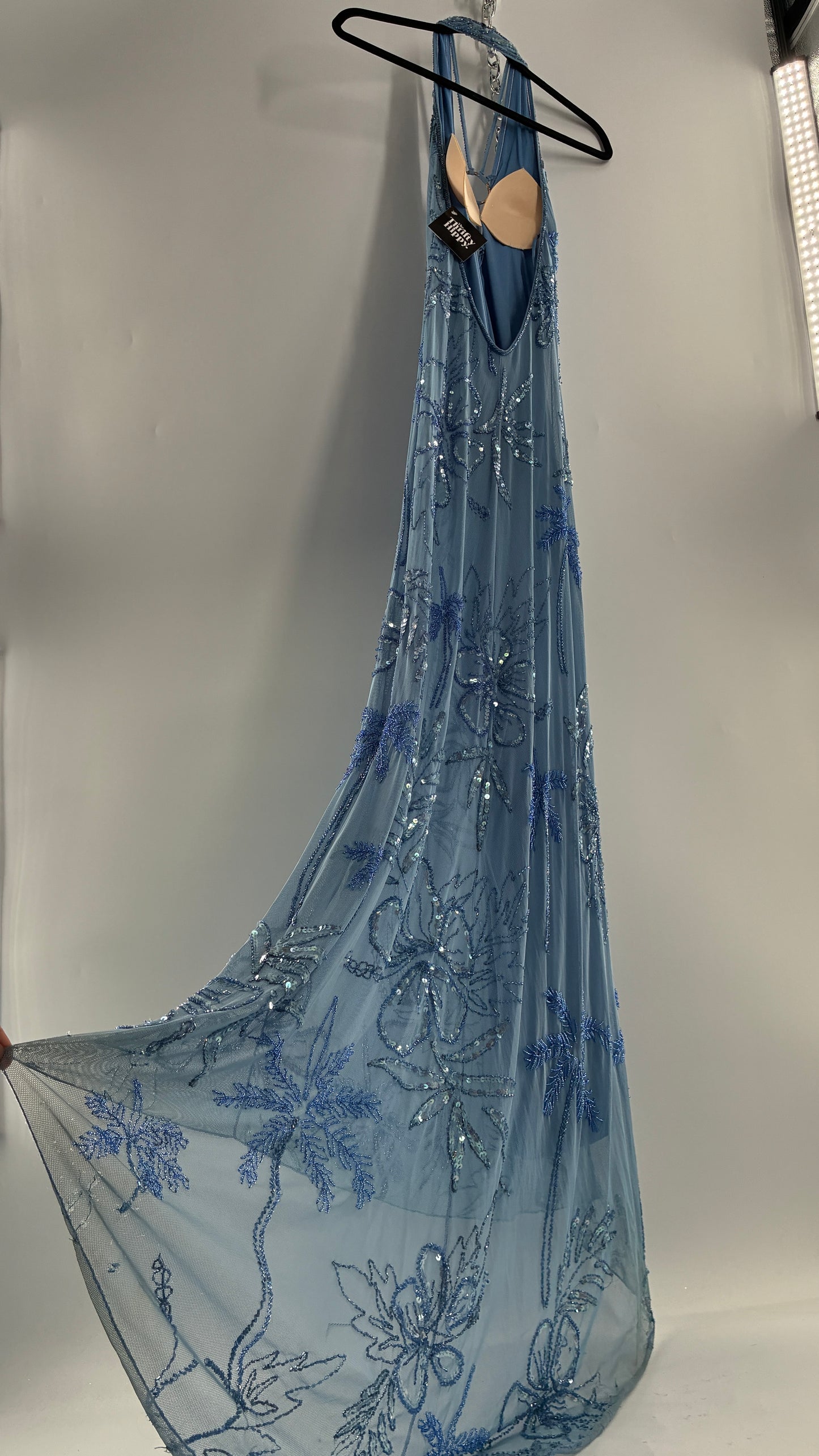 Vintage 1990s Powder Blue Gown Covered in Beaded Appliqué Tropical Designs with Strappy Bust and Low, Open Back (S/M, stretchy no size marked)