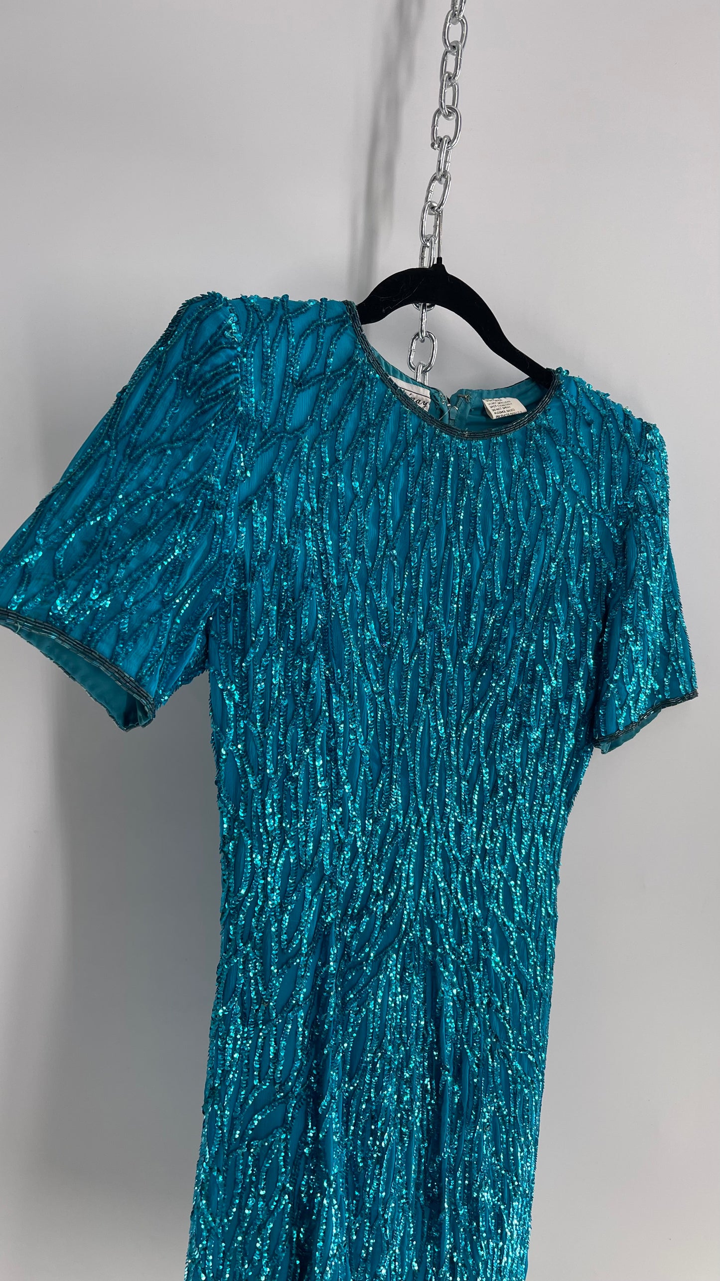 Vintage Sténay 100% Silk Bright Blue Sequin Mini Dress (4)