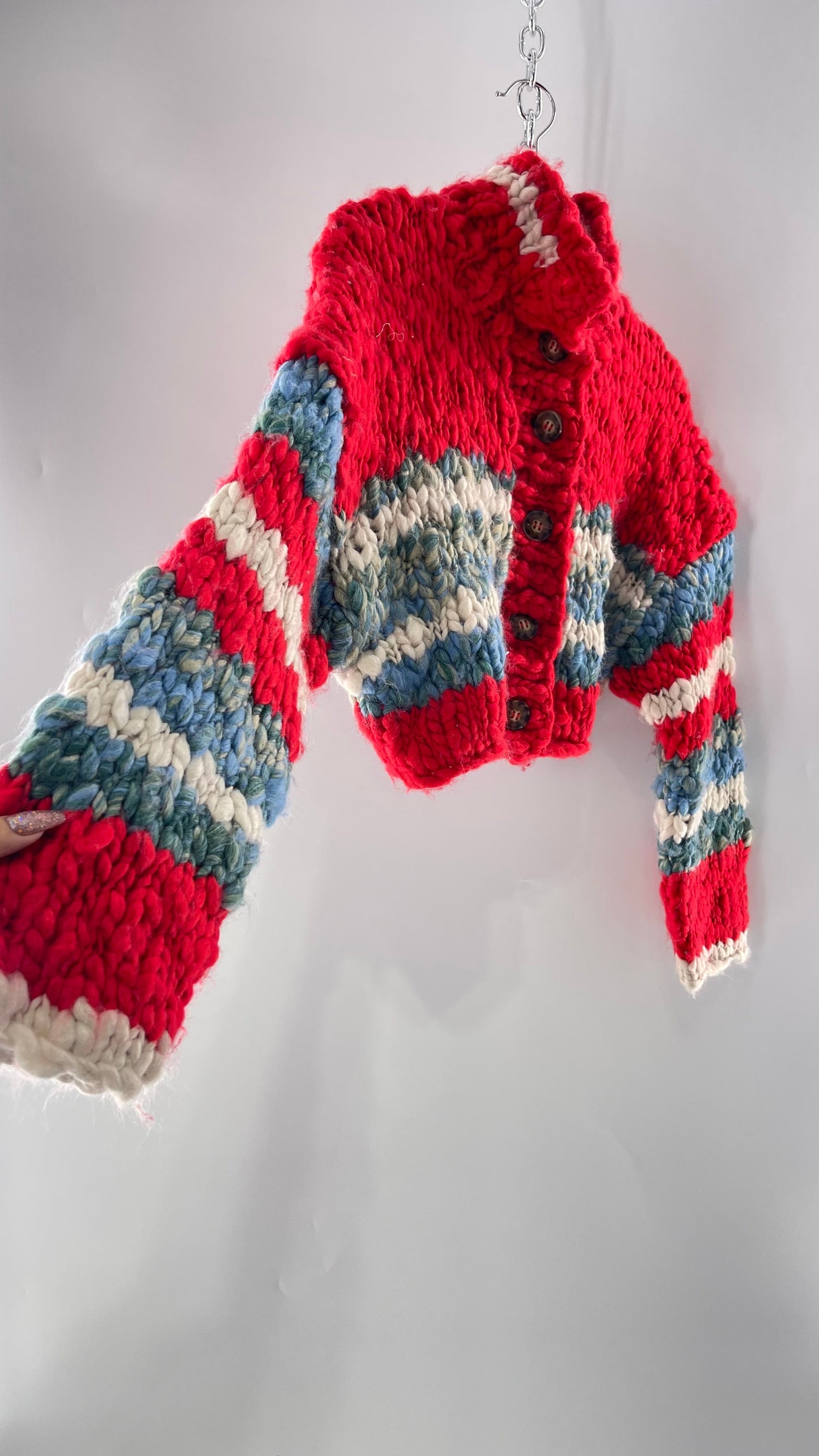 BDG Urban Outfitters Thick Knit Red White Blue Chunky Cropped Striped Cardigan (XS)