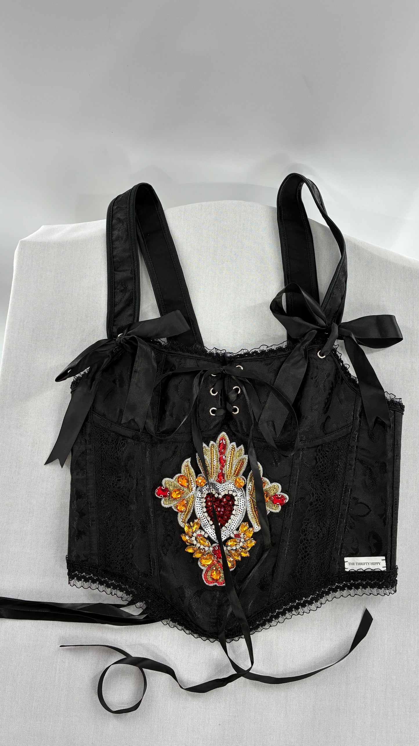 Custom Black Jacquard Corset, Handmade with Heart Appliqué, Bows, Embroidery, Gemstones, Lace and Ruffles (S/M)