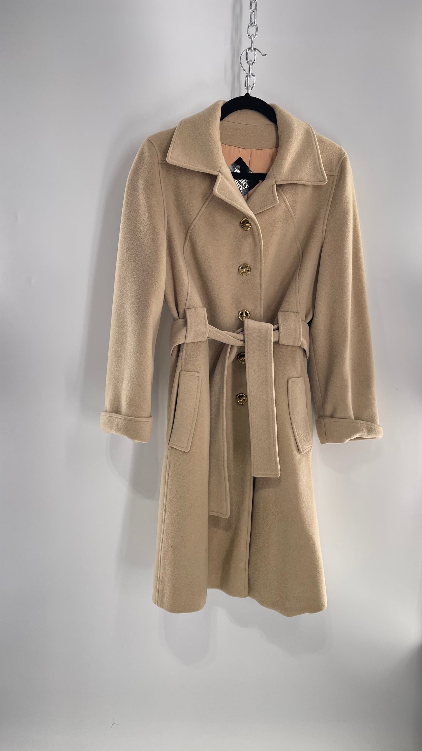 Vintage 100% Amicale Cashmere Beige Cream Coat with Apricot Satin Lining (C) (S/M)