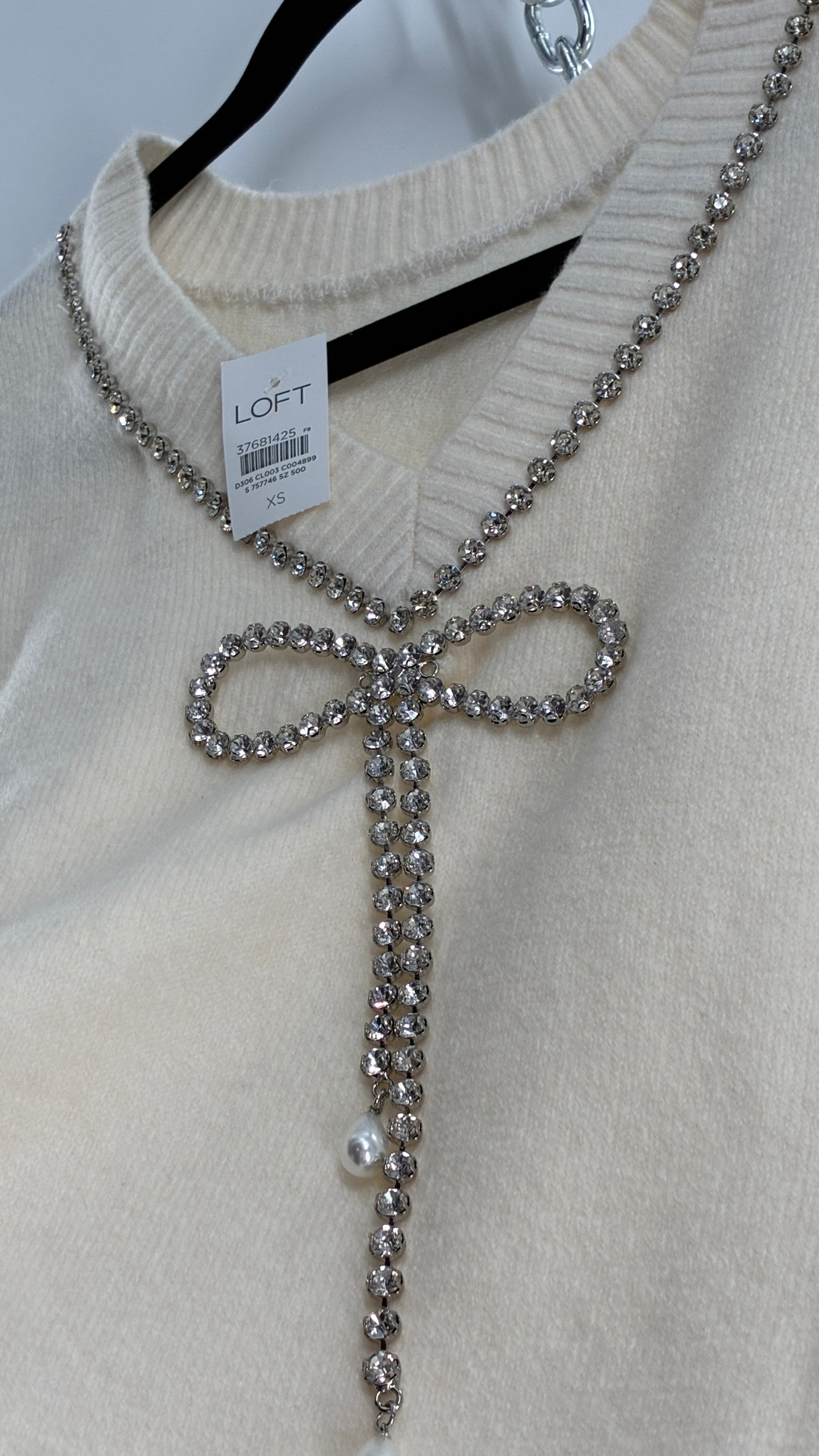 LOFT Cream Reversible Sweater with Rhinestone and Pearl Bow Detail + Tags Attached (XS)