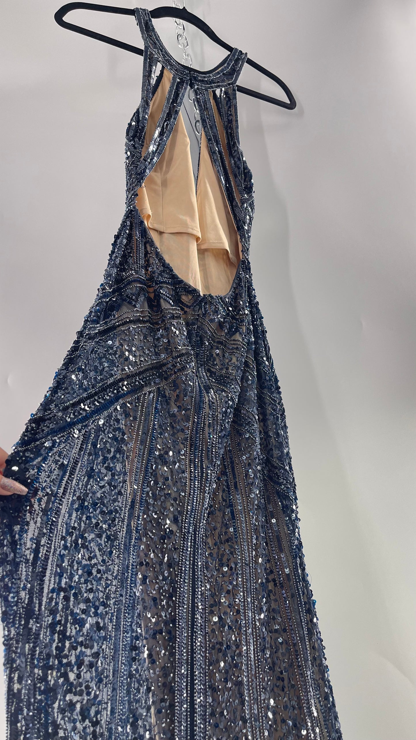 Vintage SCALA Navy Blue Beaded Floor Length Gown with Plunging Neckline, Backless Detail, and Tan Underlay (C)(4)