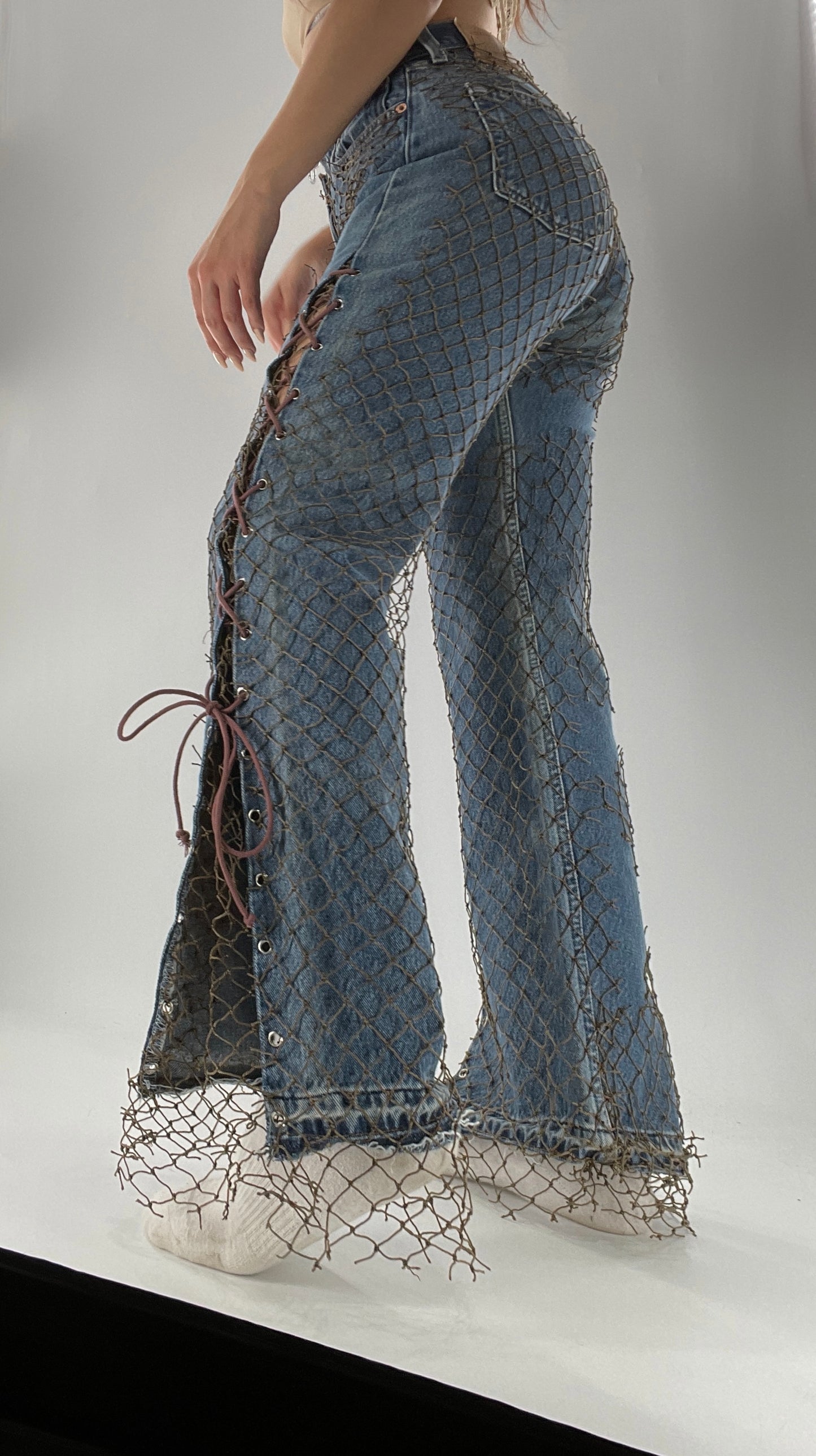 Custom - Fishnet Levi’s with Grommets and Lace Up Sides (Waist 29 Length 30) Fits Like a 26*
