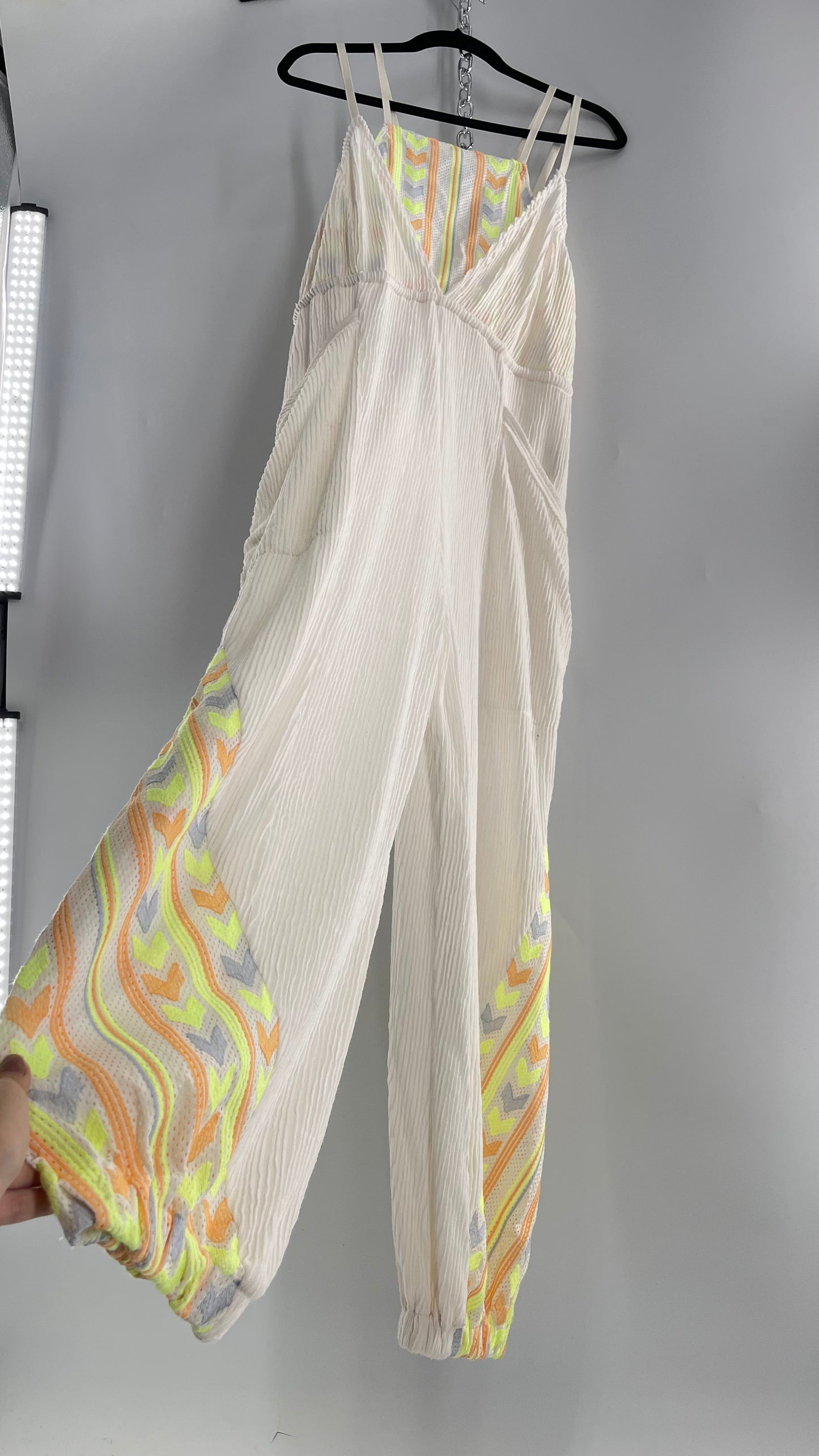 Free People Movement Cream Ribbed Jumpsuit with Yellow/Orange Embroidered Details and Waist Cinching Drawstring (Small)