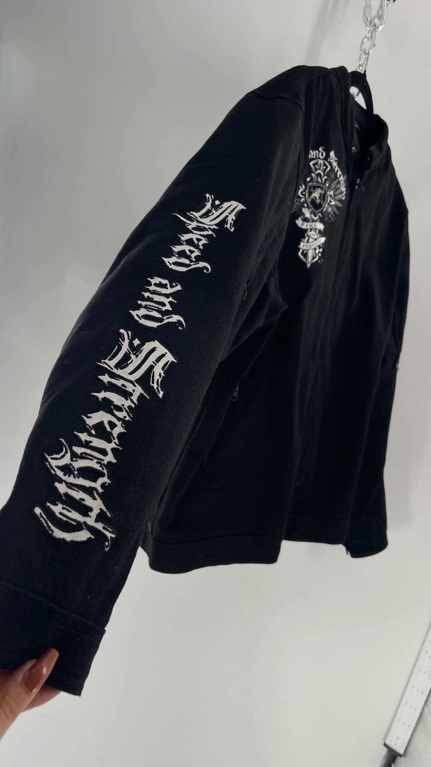 Vintage Speed + Strength Grunge Punk Riding Motorcycle Jacket with Cross Embroidery, Wings, Fame + Fortune, Speed + Strength Men’s Unisex (XXL)