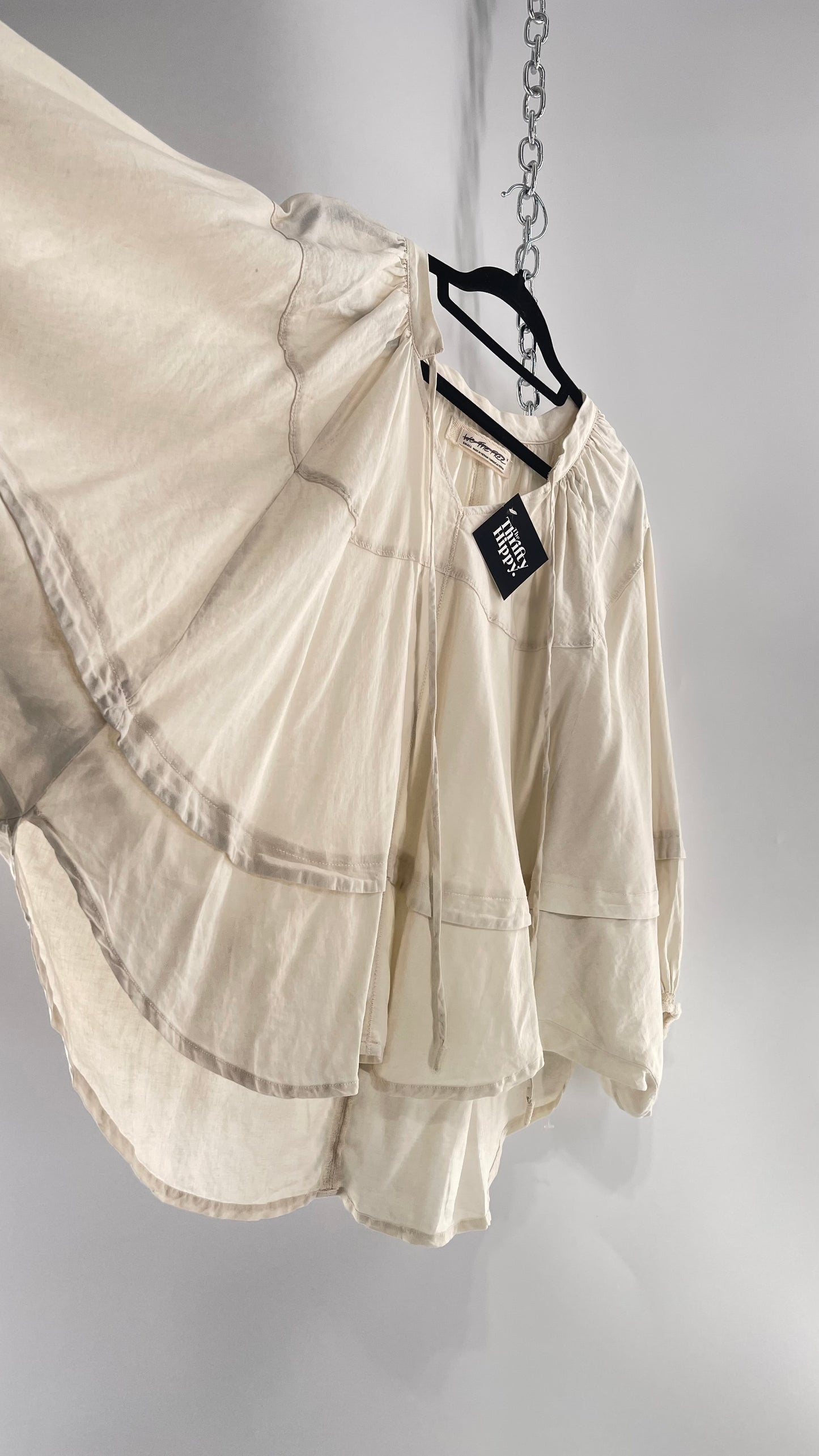 Free People Beige Off White Billow/ Prairie Sleeve Cape Blouse (Small)