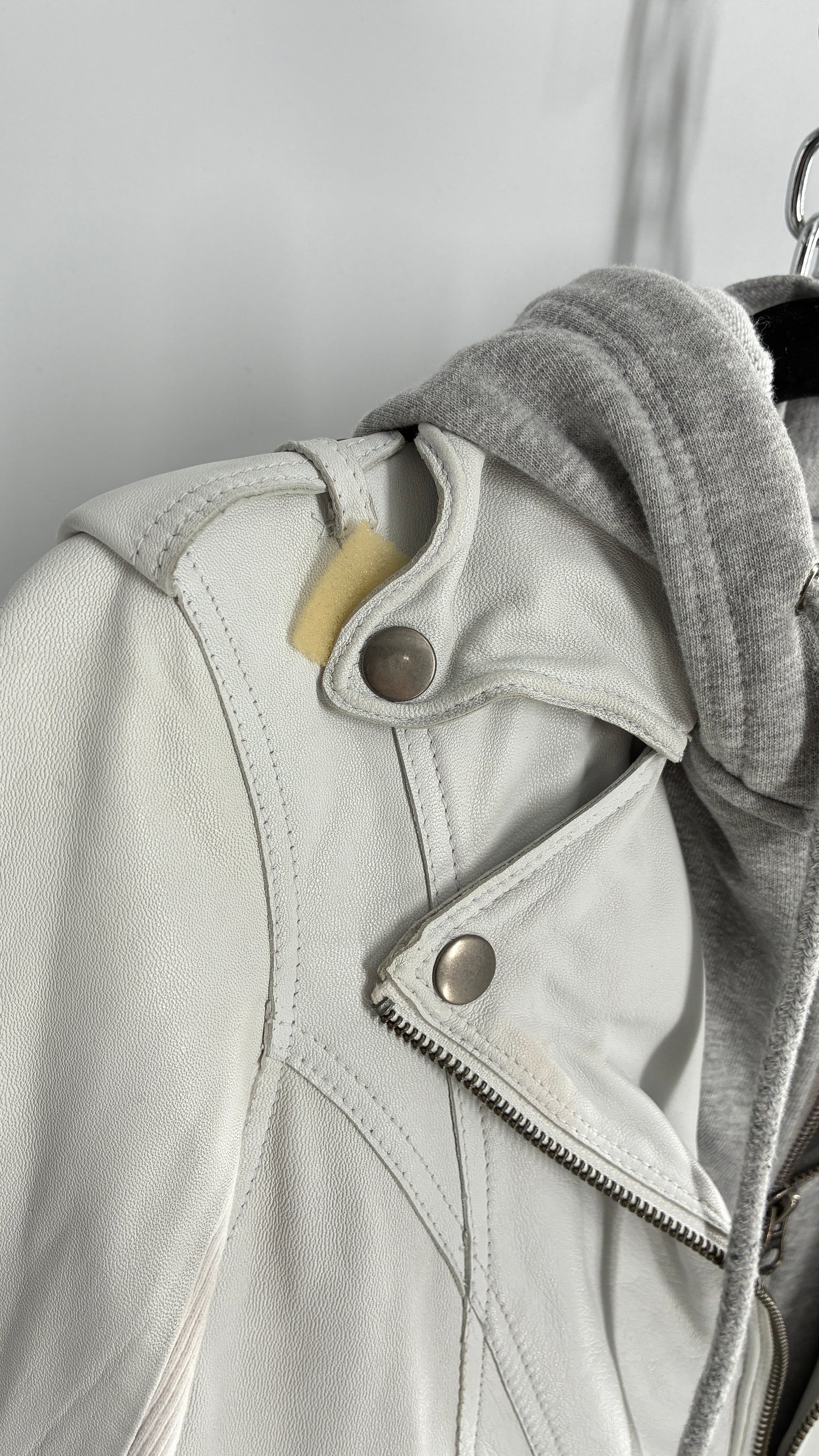 Jakett White Molly Burnished White Genuine Leather Double Layer Moto Jacket with Removable Grey Hoodie Insert (XS)