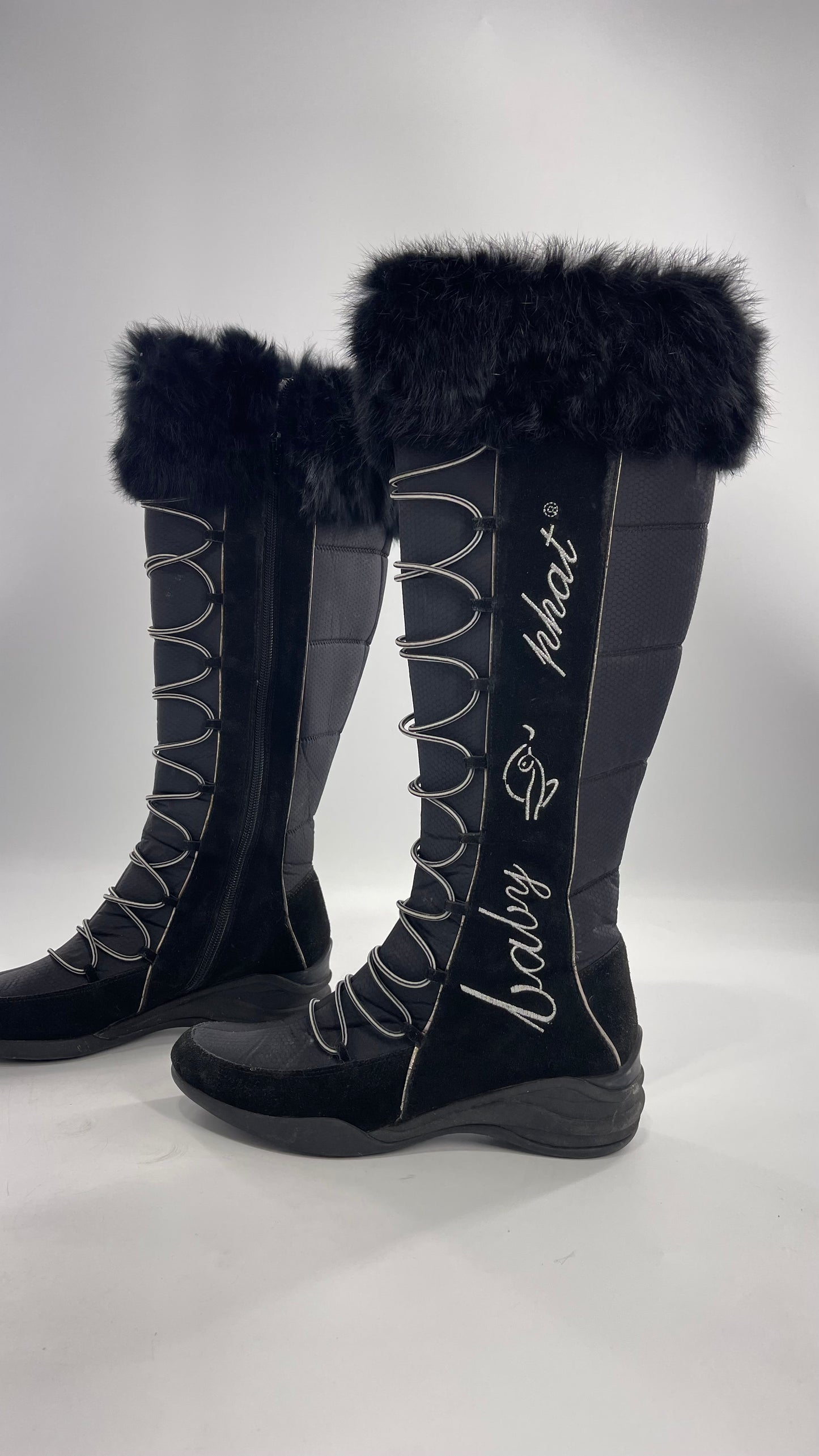 Baby Phat Black Knee High Boots with Rabbit Fur Trim, Bungee Cord Ties, and Embroidered Logo Design (8)