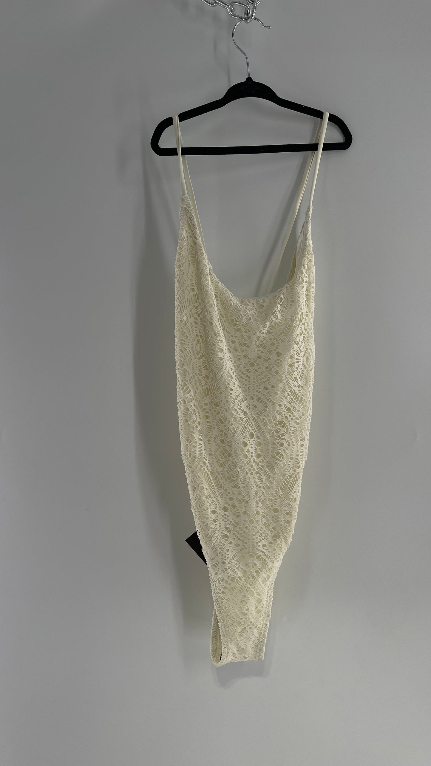 Urban Outfitters White Lace/Crochet Swimsuit with Lace Up Open Back (Medium)