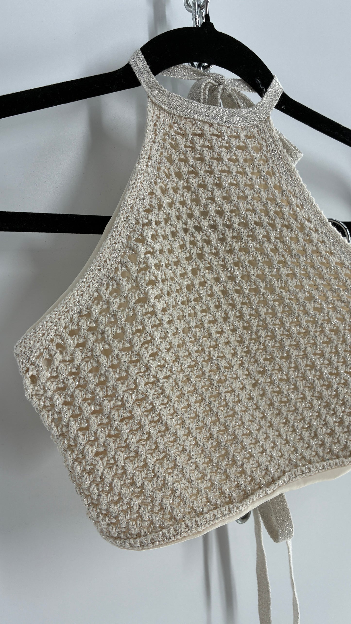 GARAGE Off White Crochet Backless Halter with Silver Tinsel (Small)