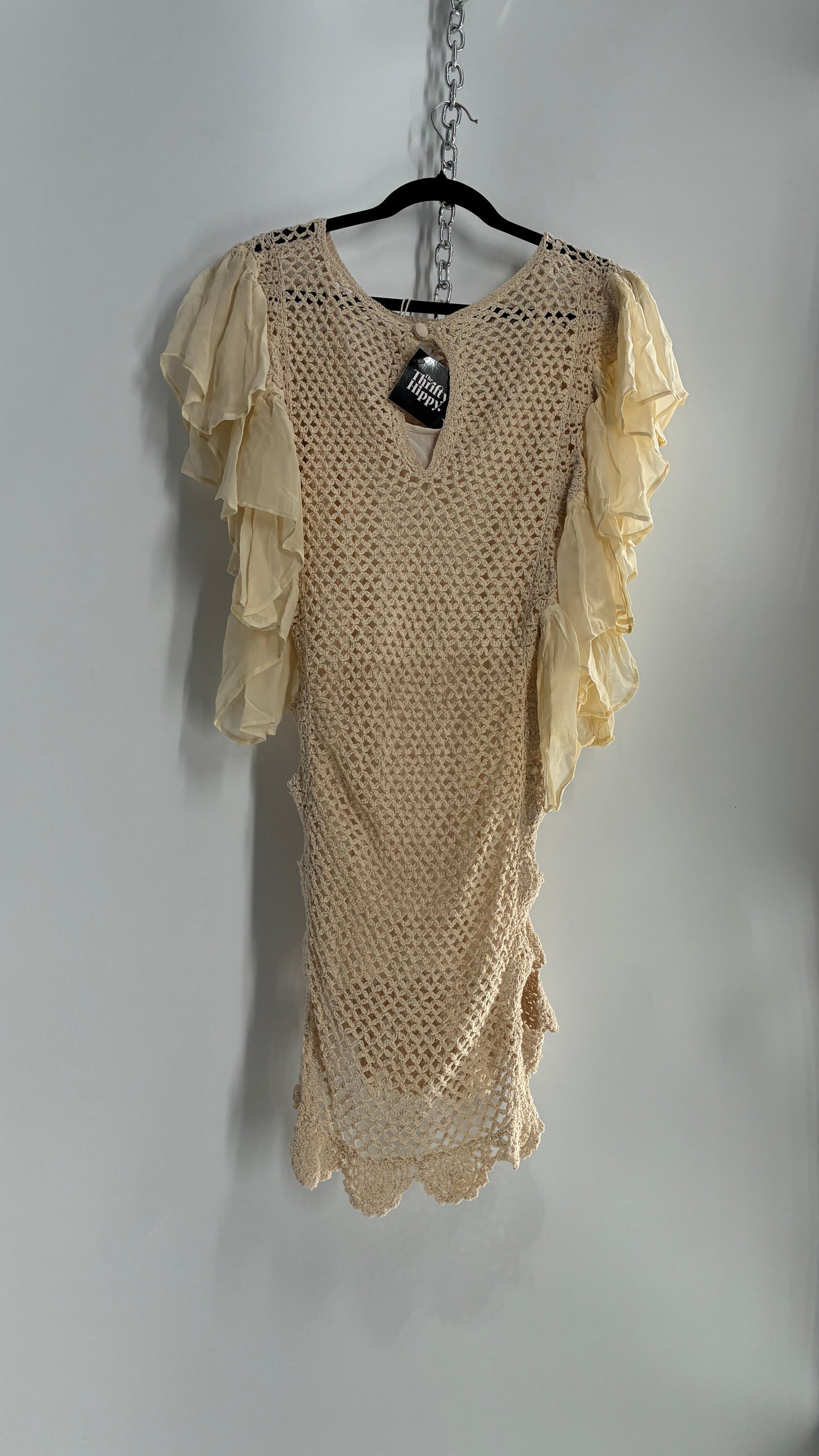Free People Crochet Scalloped Open Side Dress with Ruffled Sleeve Details (S)