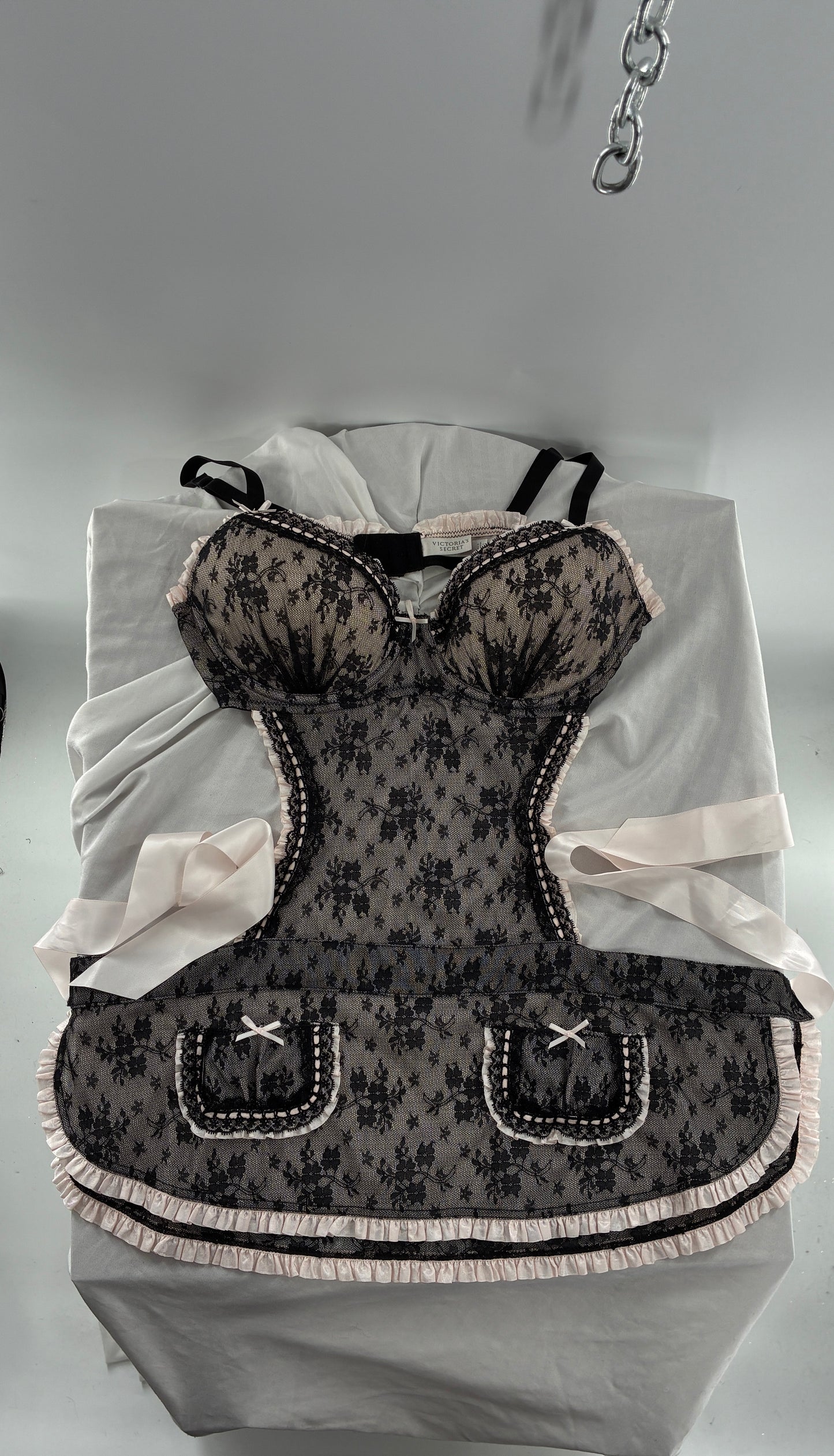 Victoria’s Secret Black Lace Apron Style Camisole Lingerie with Bow Back Ribbon (36D)