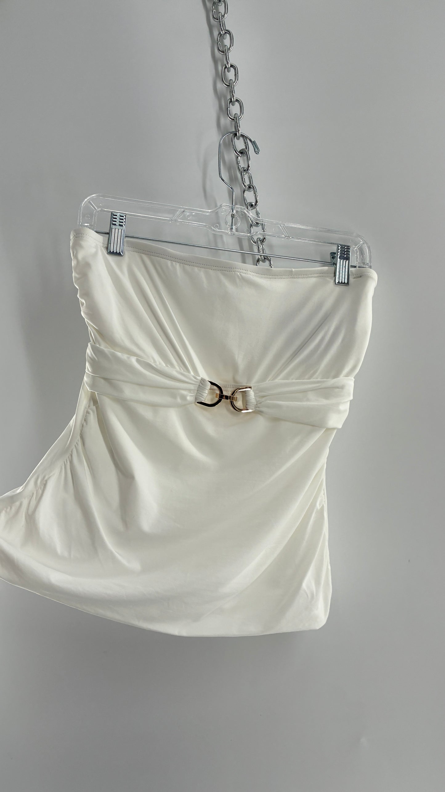 Michael Kors White Tube Top with Gold Underbust Chain Detail and Underwire Bra (Large)