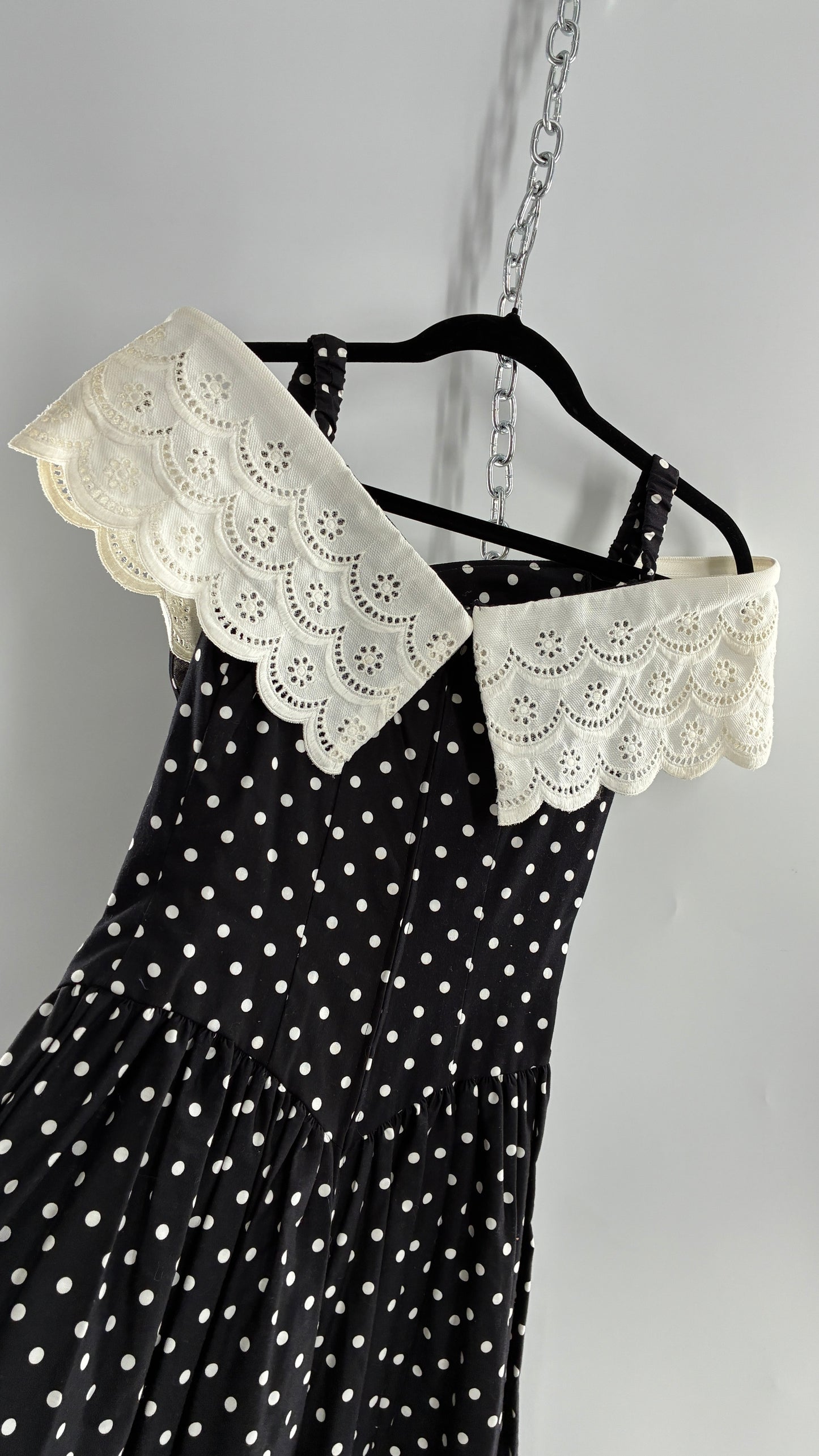 Vintage Handmade Black and White Polka Dot Pointed Waistline Gown with Off the Shoulder Stiff Lace Straps and Rosette Detail (8)