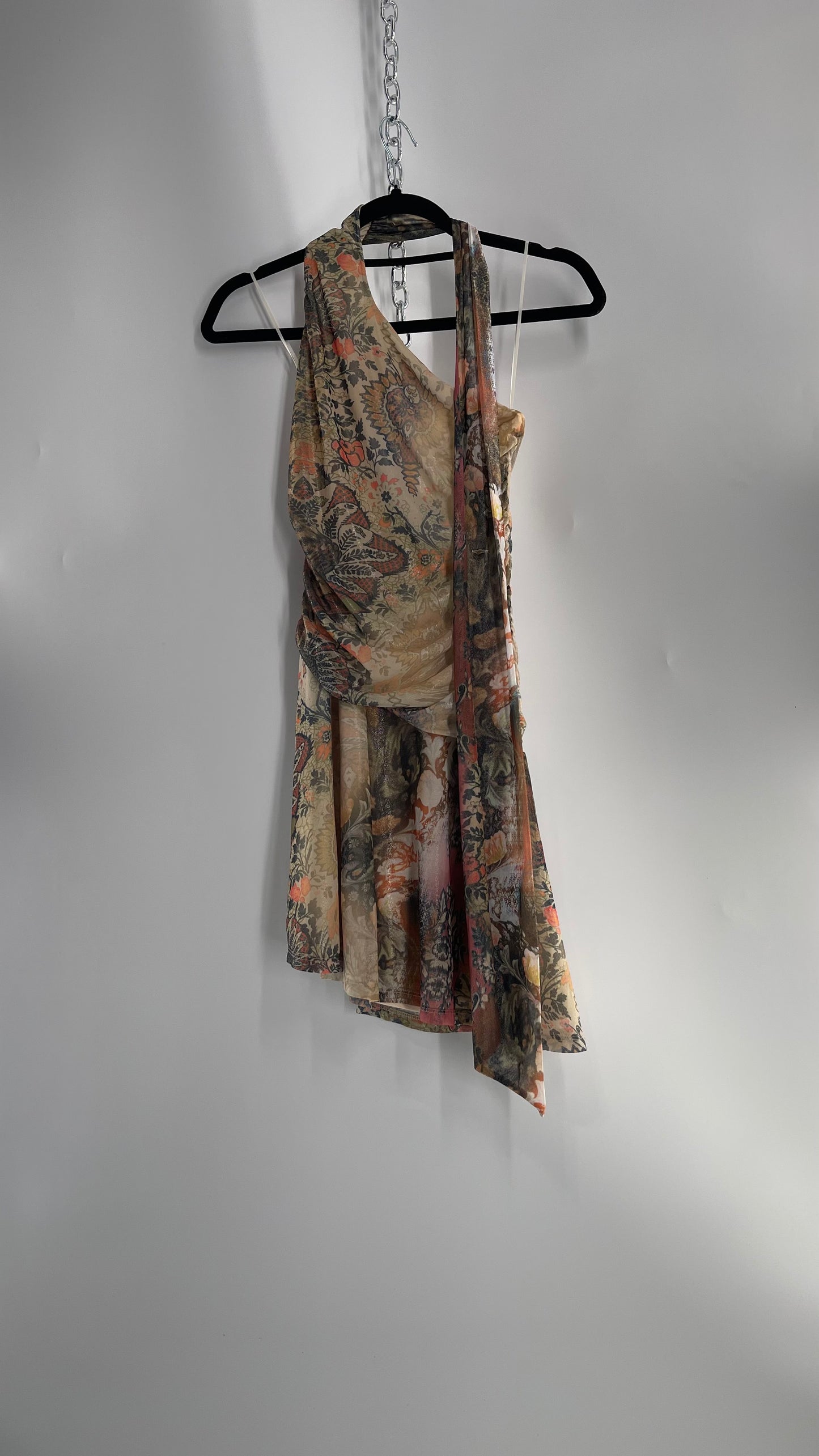 Urban Outfitters All Over 90s Tattoo Graphic Neck Tie Mini Dress with Asymmetric Hem (Medium)