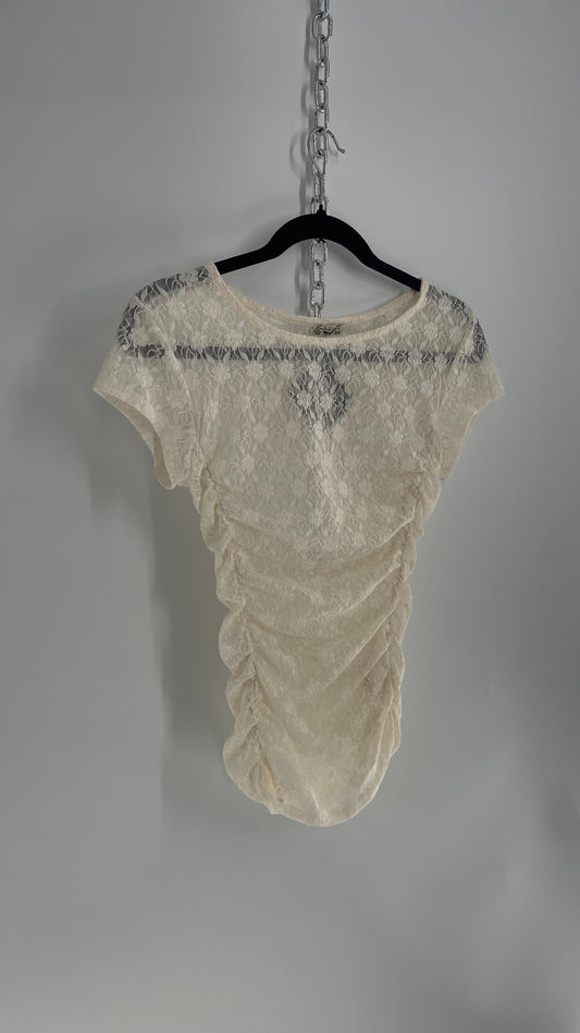Intimately Free People Lace Ruched Sheer High Neck T Shirt (Small)