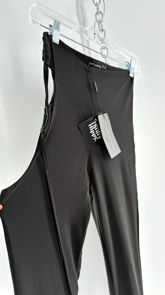 Pretty Little Thing Black Slinky Tie Side Cut Out Flared Double Lined Thick Trousers with Tags Attached (10)