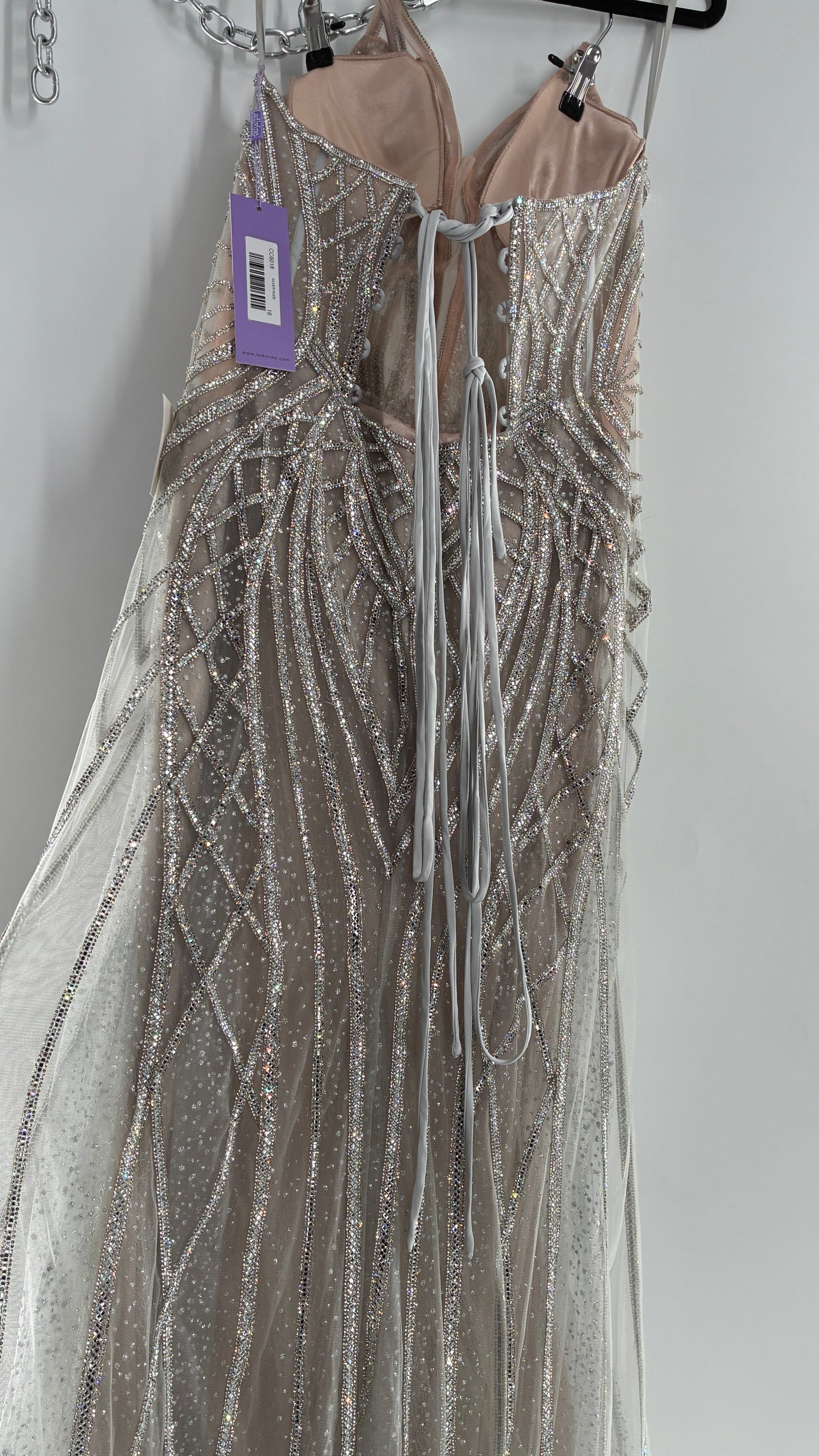NWT LADIVINE by Cinderella Divine Silver Nude CC6018 Mermaid Corseted Gown with Multiple Layers of Tulle, Covered in Crystal Strips (16)