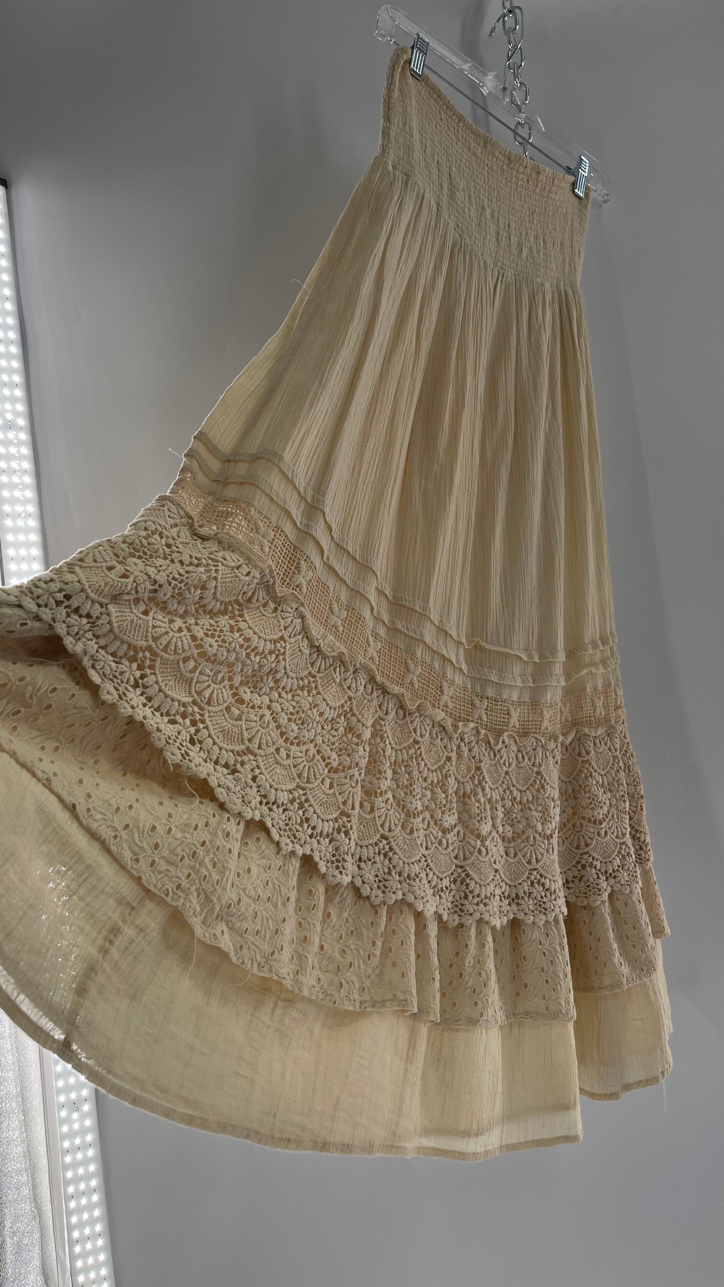 Free People Beige Gauze/Cotton Full Length Skirt Lined with Lace (XS)