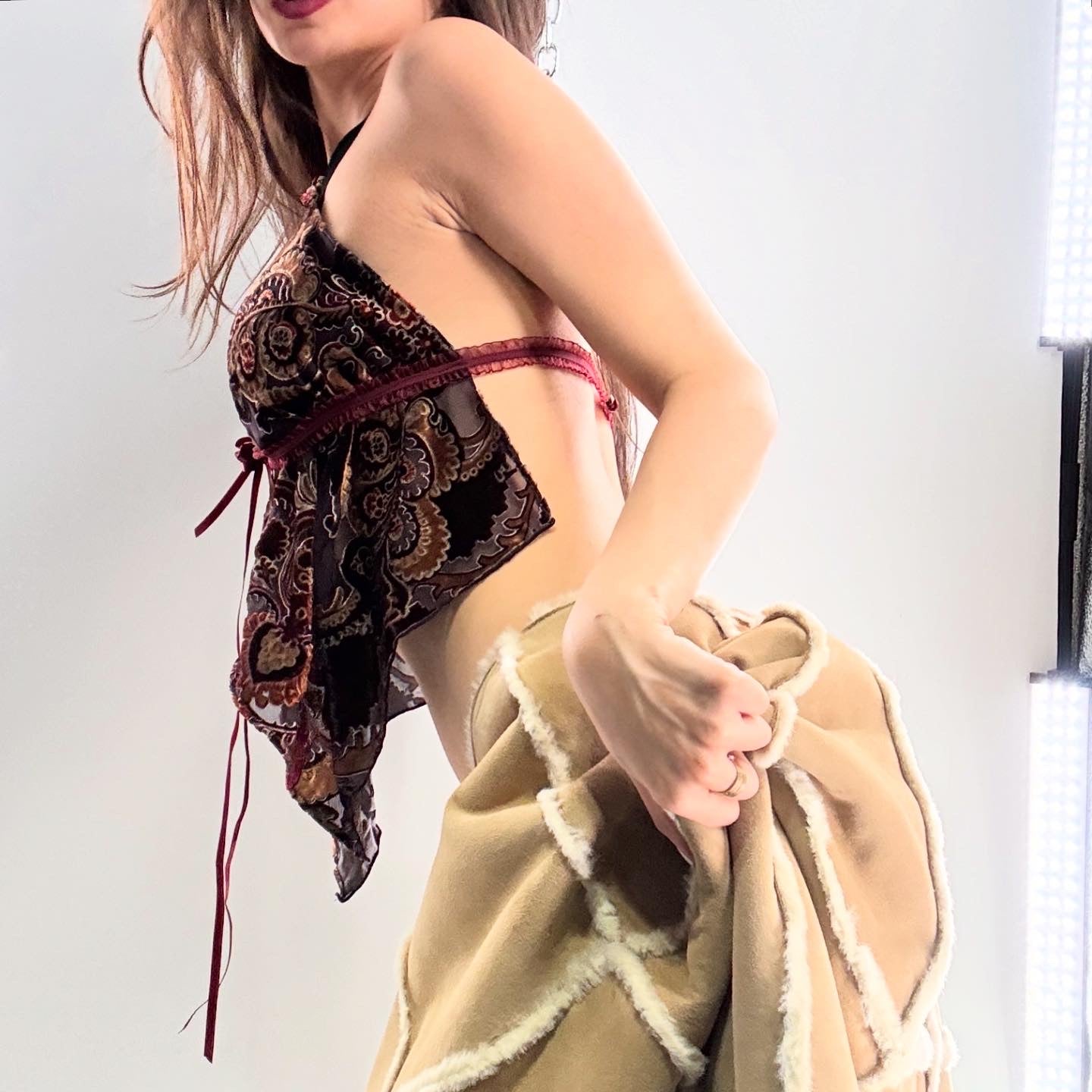 Handmade Vintage Sheer Burn Out Velvet Handkerchief Top with Rosettes, Beads and Bows (XS-M)