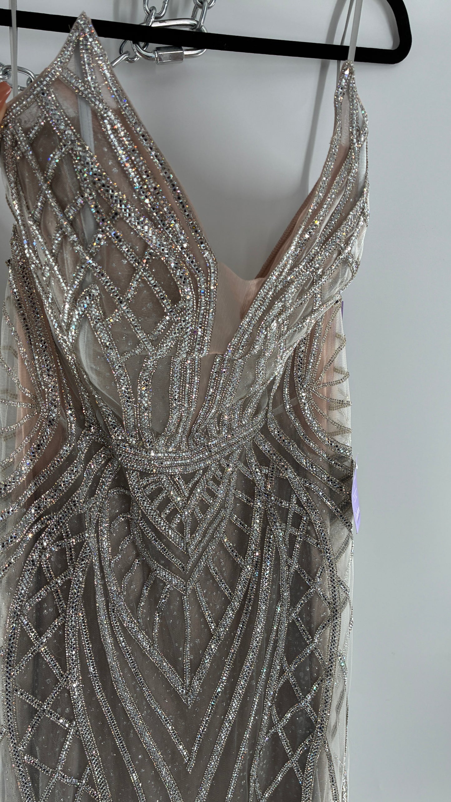 NWT LADIVINE by Cinderella Divine Silver Nude CC6018 Mermaid Corseted Gown with Multiple Layers of Tulle, Covered in Crystal Strips (16)