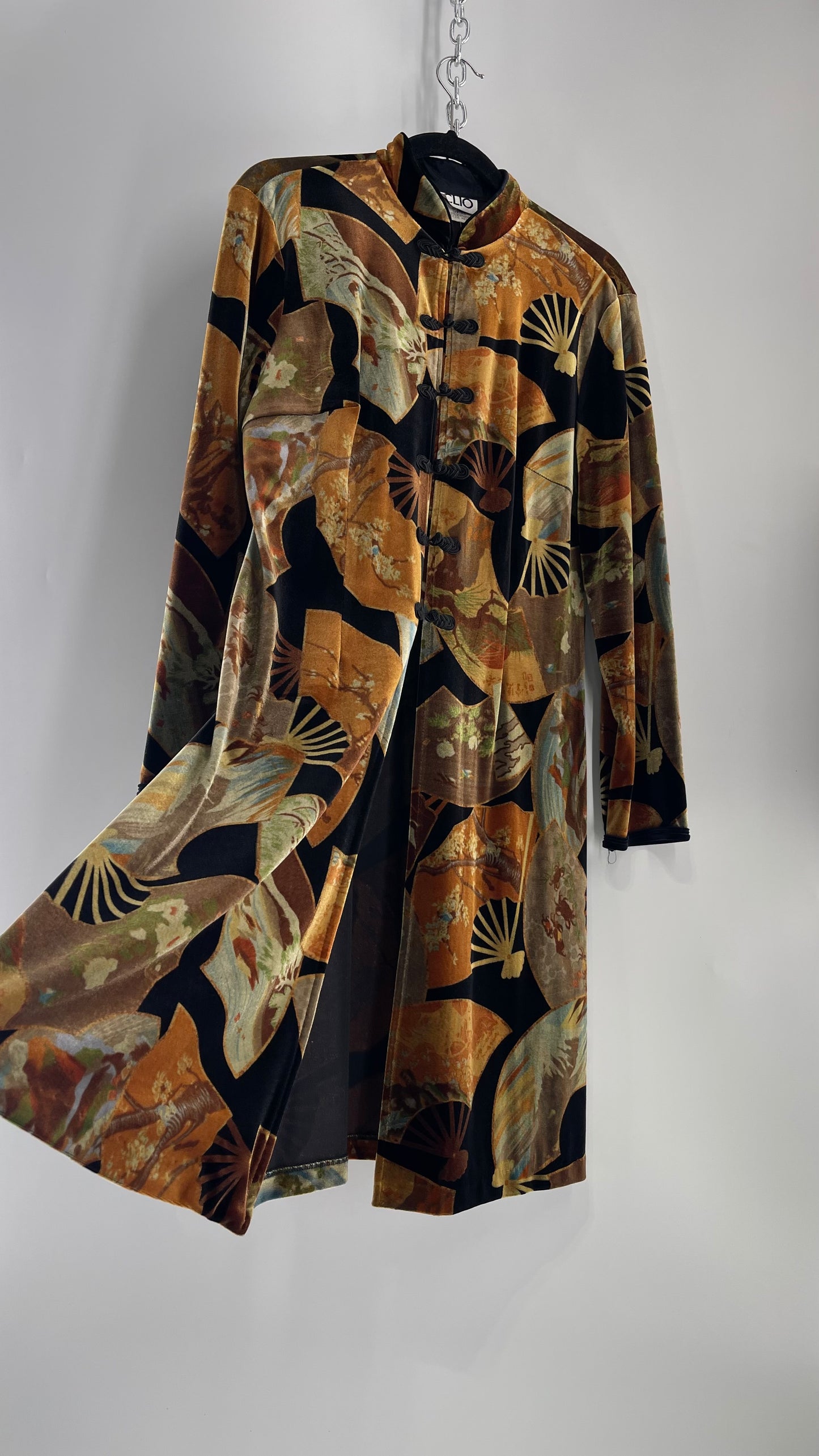 Vintage CLIO 1990s Black Velvet/Velour Fan Patterned Duster Coat (Medium)