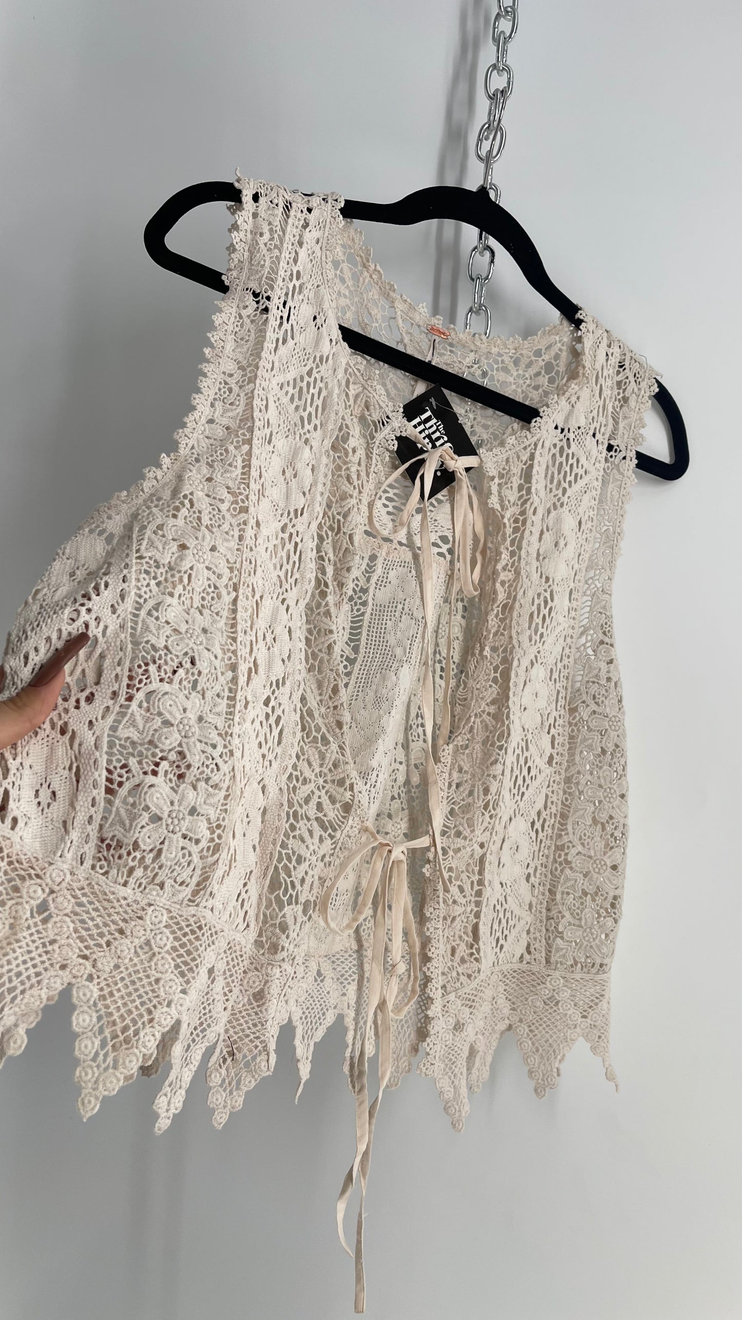 Free People Off White Lace Crochet Vest/ Tie Bust Sleeveless Top (Medium)