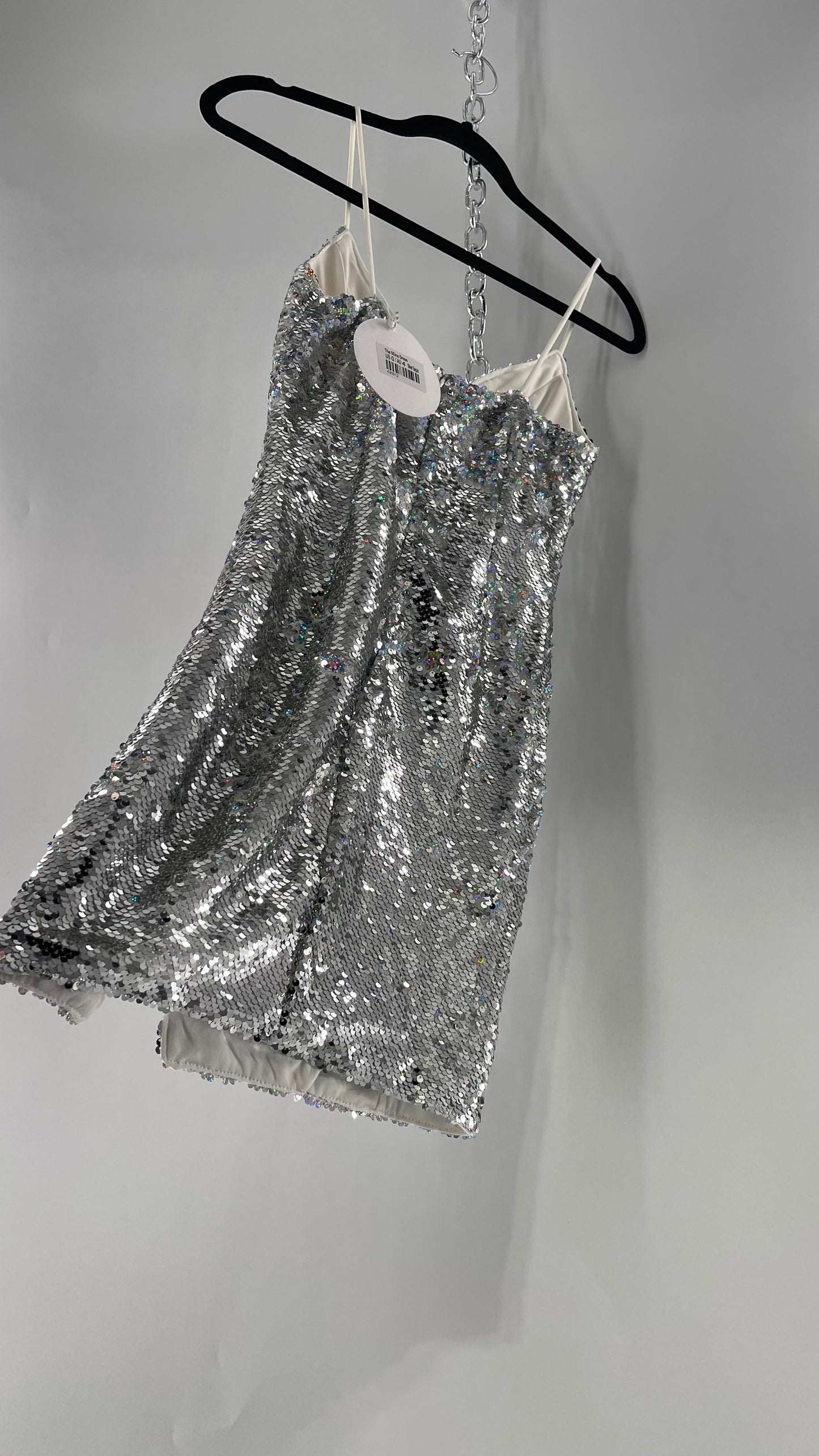 Princess Polly Silver Iridescent Sequin Mini Dress with Triangle Cups and Thigh Slit (0)