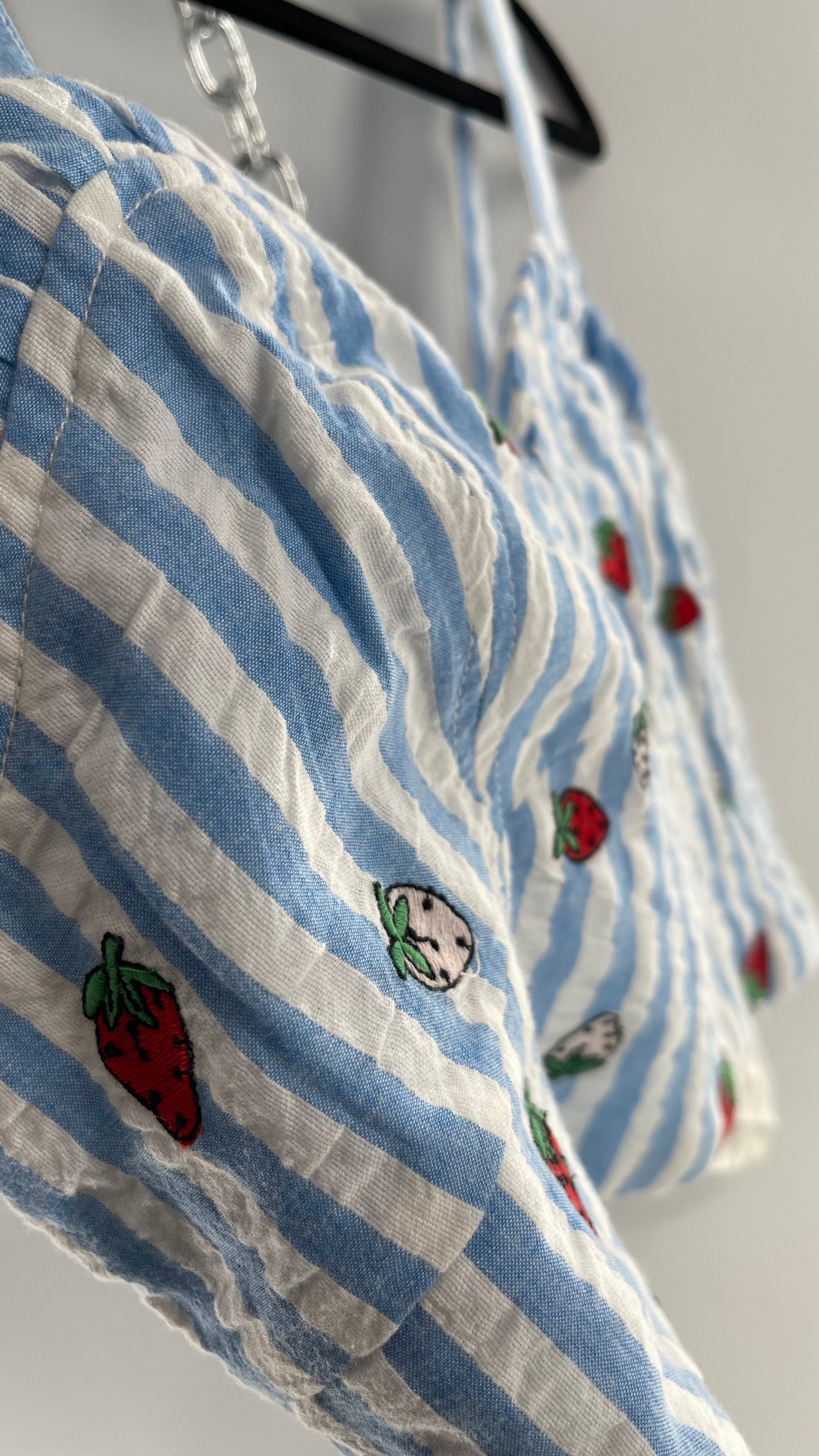 Maeve Anthropologie Baby Blue White Striped Corset Like Crop with Embroidered Strawberries (6)