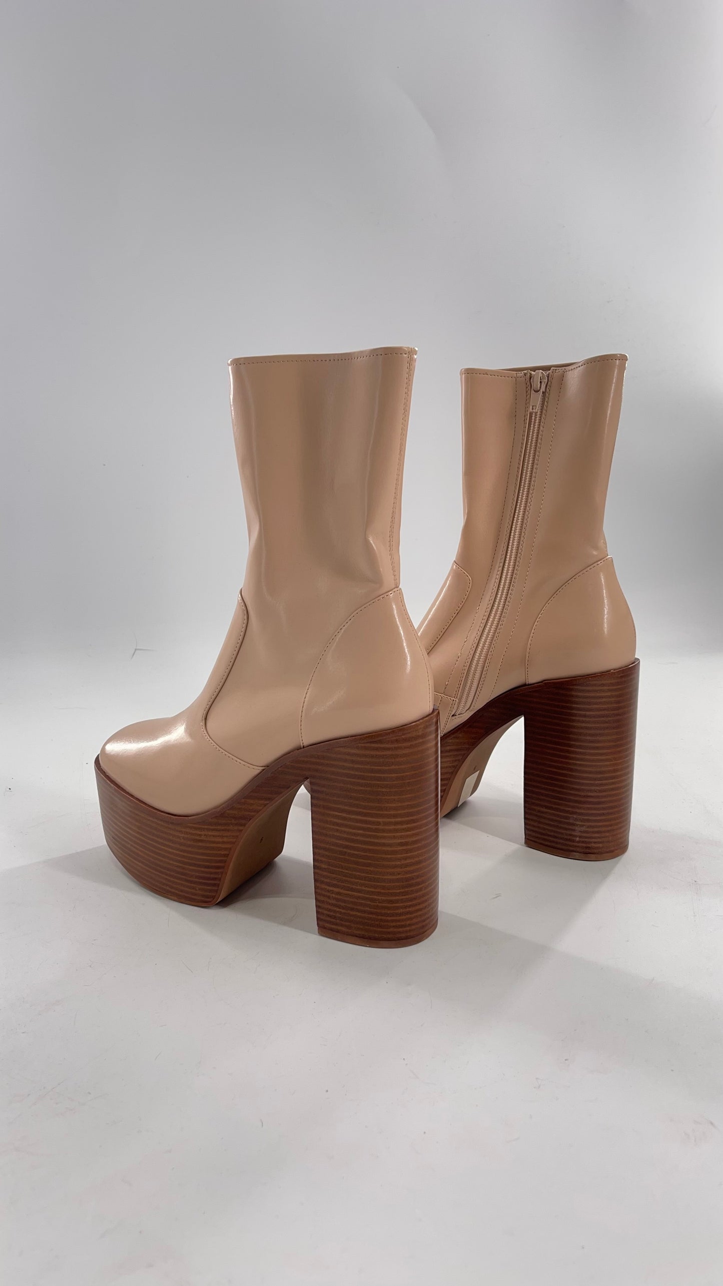 Free People X Jeffrey Campbell Mexique GoGo Boots • Beige Patent Boot with Wood Grain Chunky Block Heel and Platform (9)