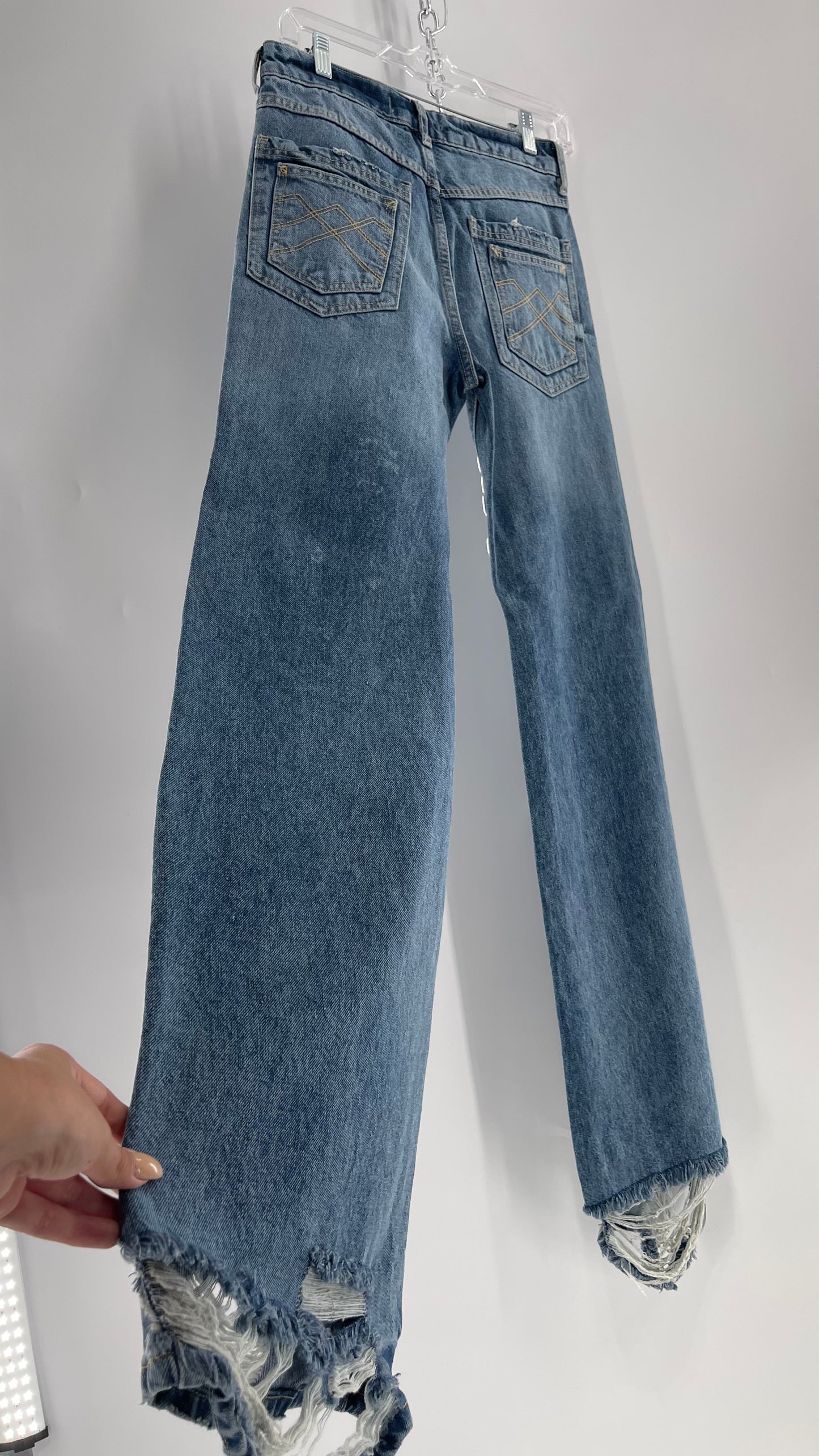 Free People Light Wash Straight Leg Jeans with Distressed Hem, Double Pockets and White Paint with Tags Attached (25)
