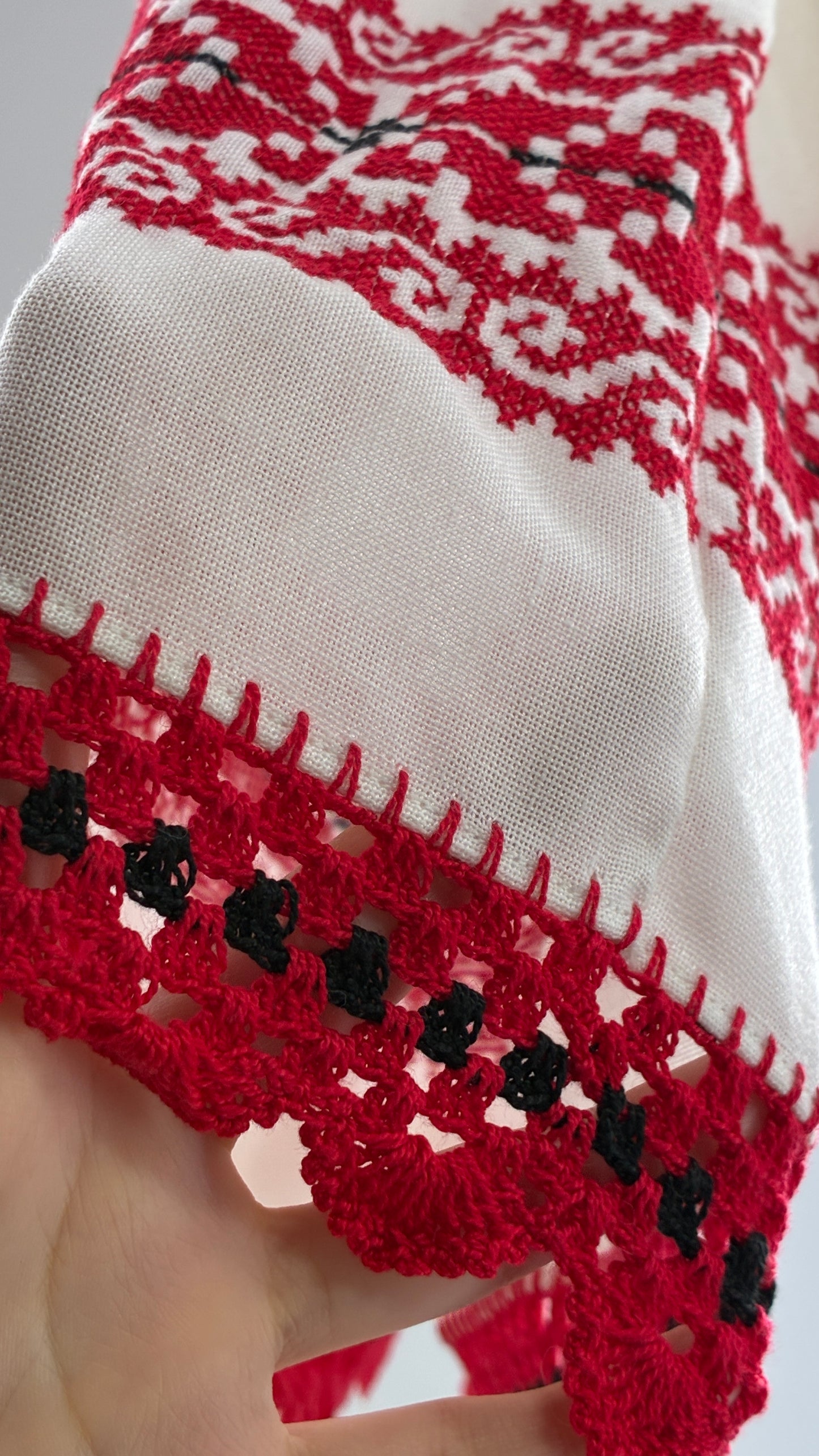 Vintage 1970s LUX FOLKLOR Budapest Handmade Cotton Long Sleeve and Skirt Covered in Red Embroidery and Stitching