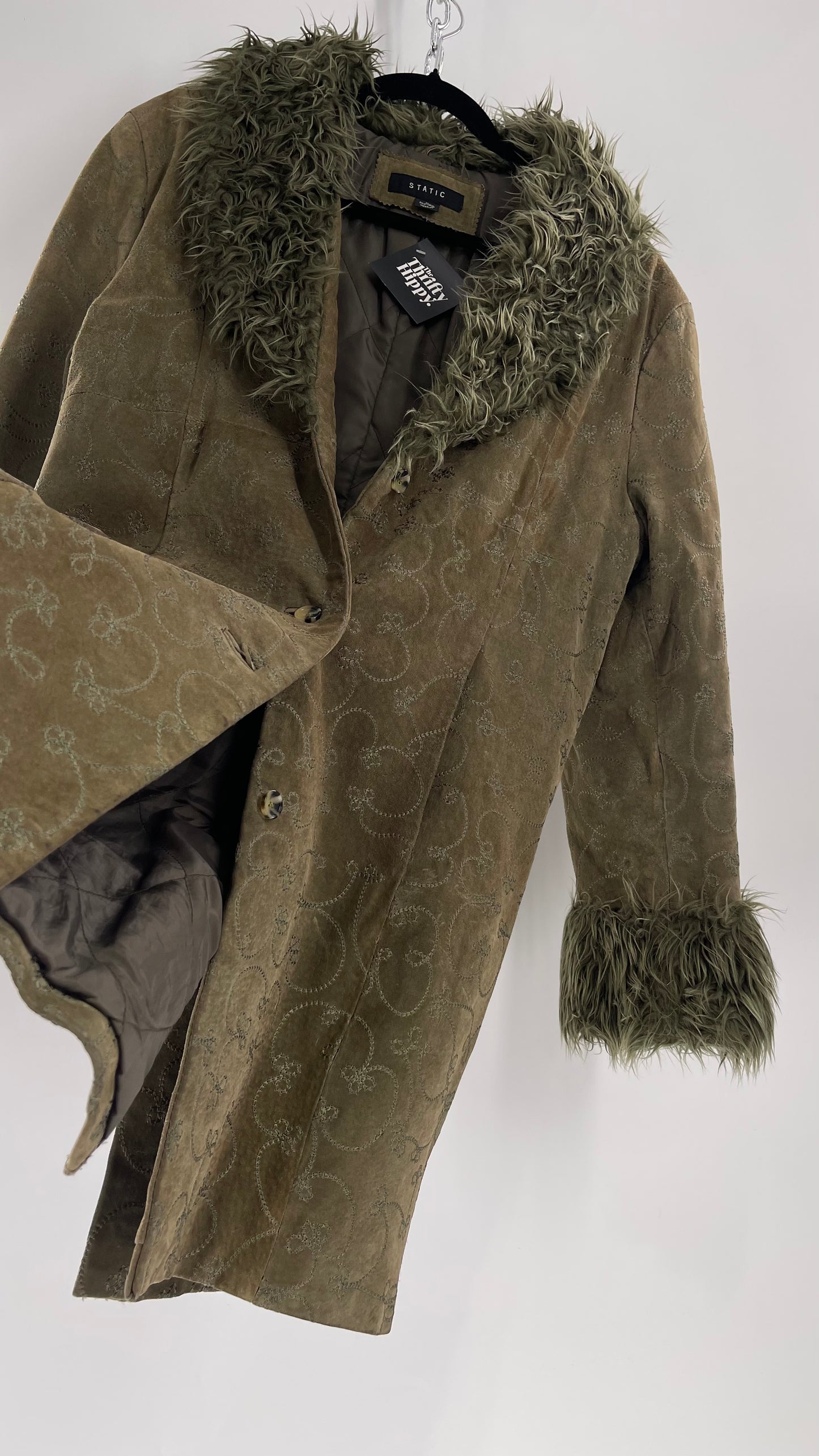 Vintage STATIC Embroidered Genuine Leather Coat with Fur Cuffs and Collar (C) (XL)