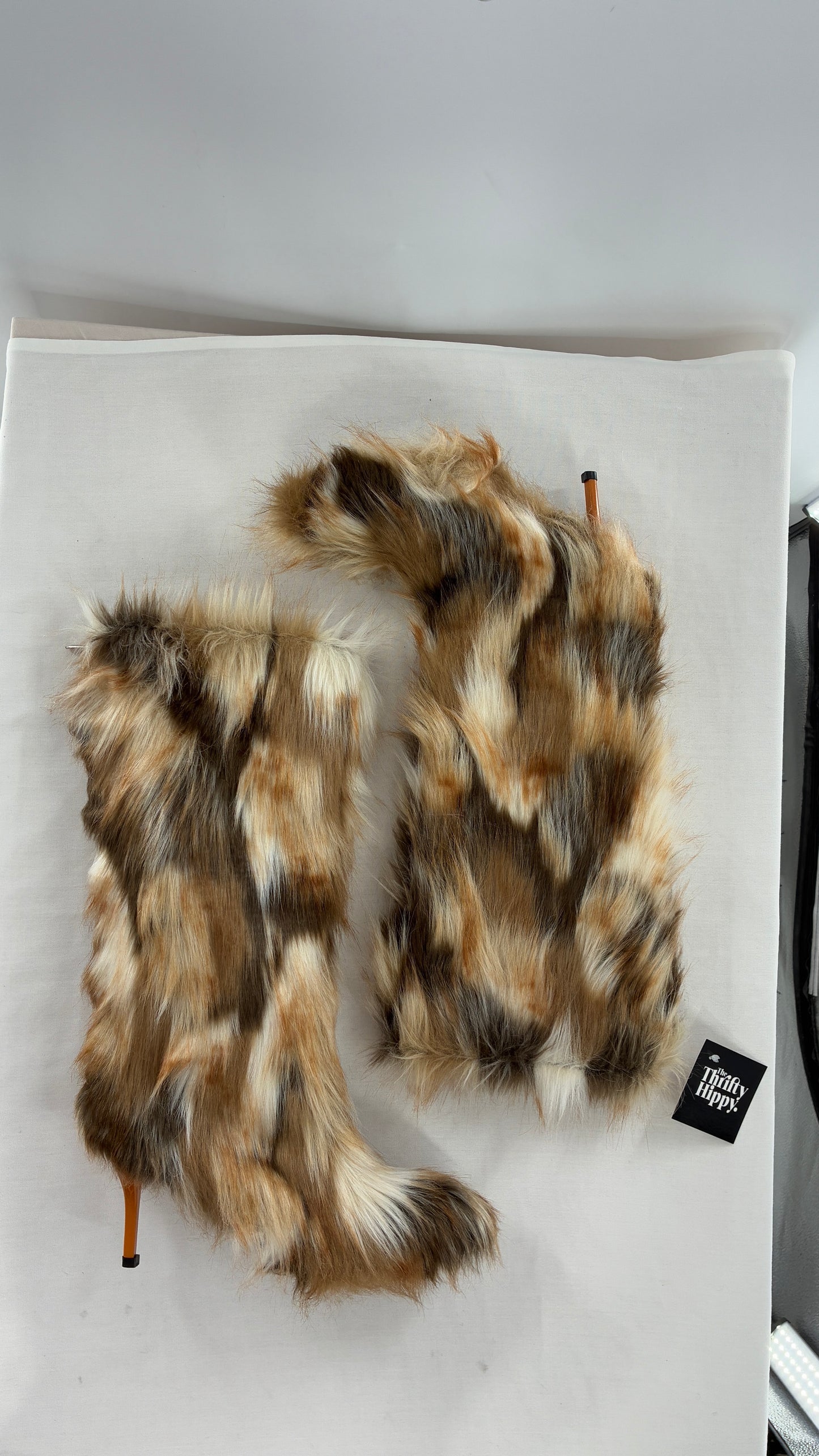 Vintage Mixed Tone Vegan Fur, Knee High, Pointed Toe Boots (43)