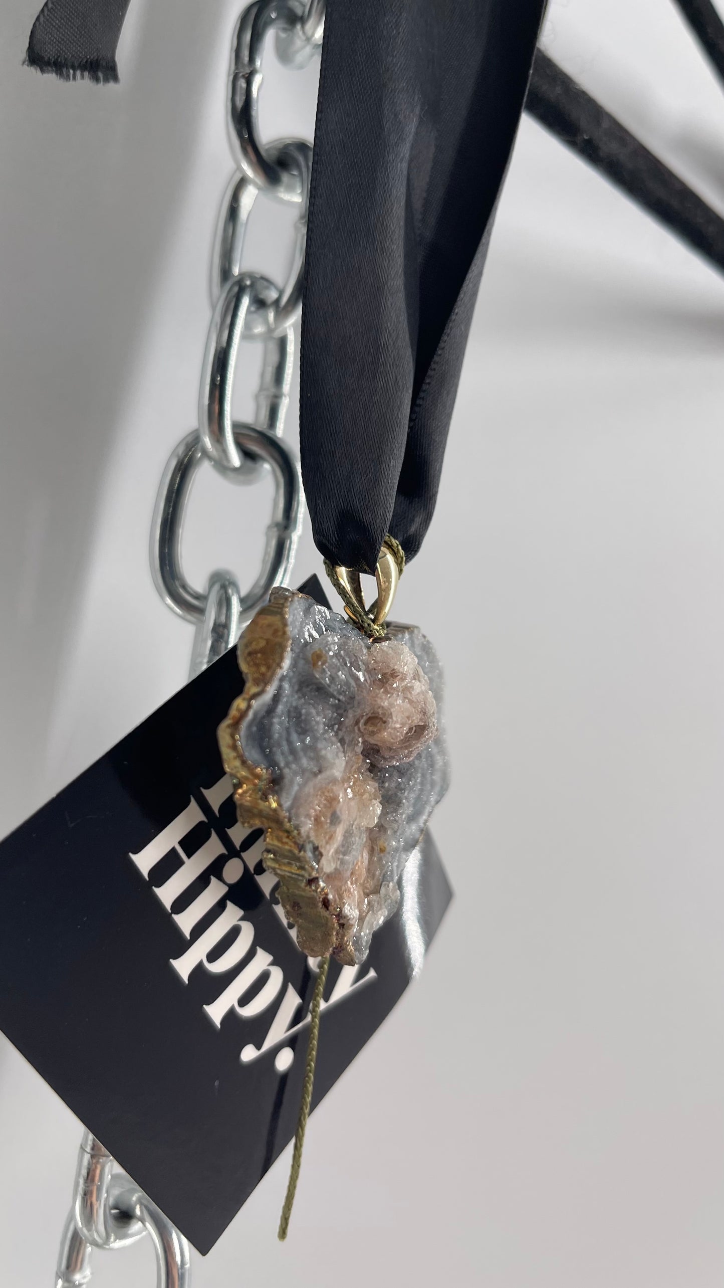 Vintage Geode Heart Stone Pendant Necklace with Black Ribbon